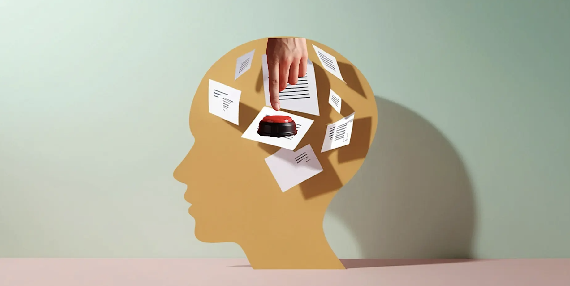 A paper cutout silhouette of a human head in profile, with a hand reaching into the open top of the skill to press a red buzzer button, surrounded by floating documents, symbolizing decision-making, cognitive overload, triggering mental response