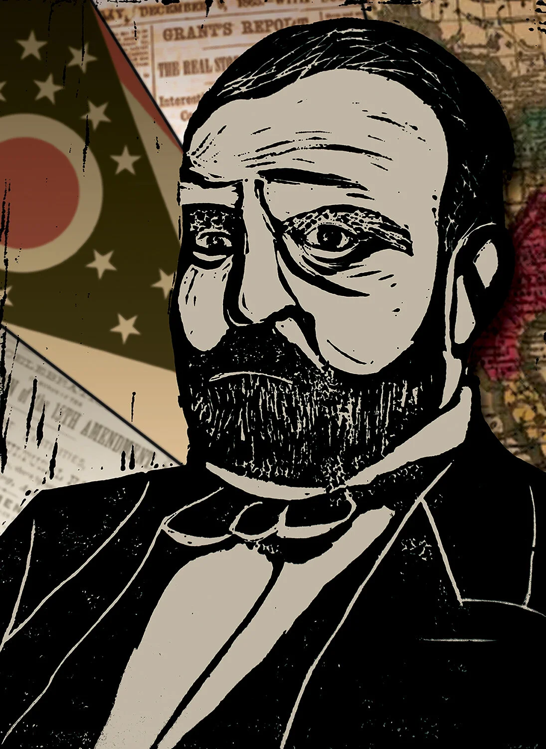 Hand-carved Linoleum Stamp of Ulysses S. Grant