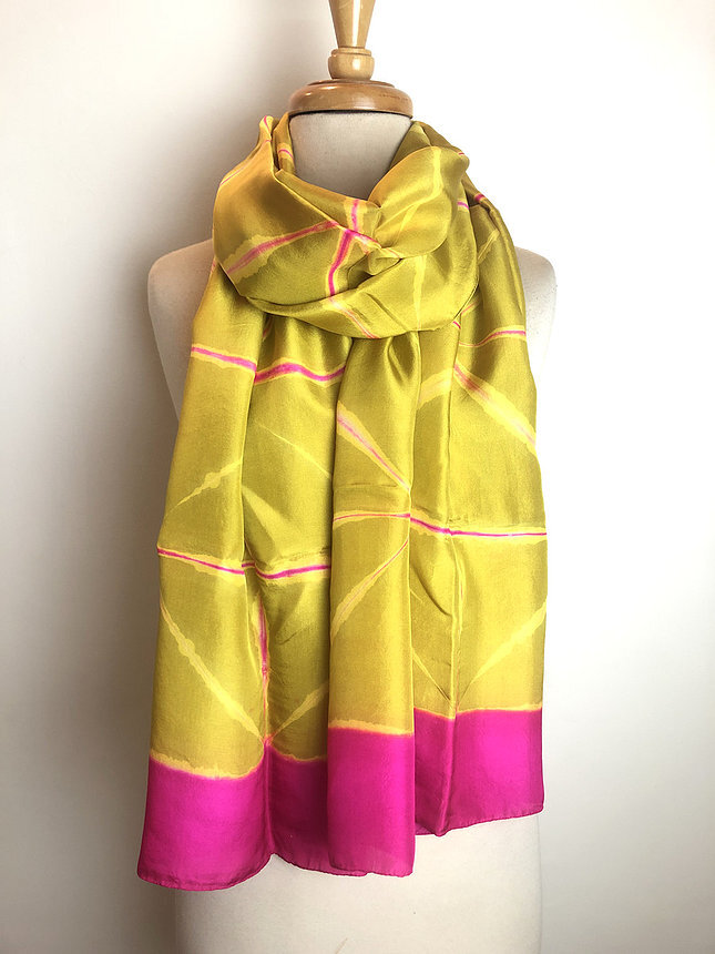 yellow pink bold hand dyed artisan made luxury silk scarf