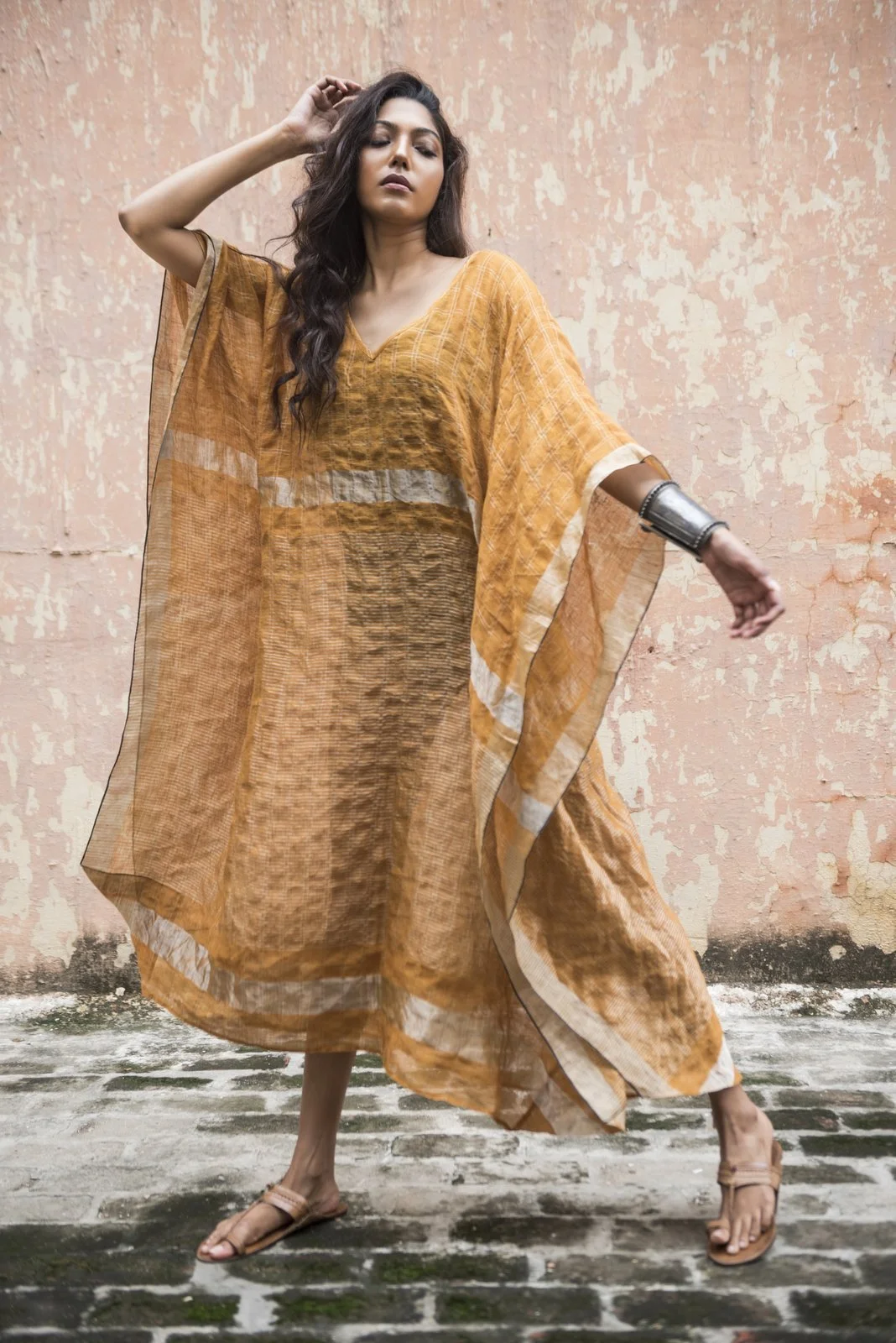 saffron & gold, yellow, kaftan, linen, handwoven