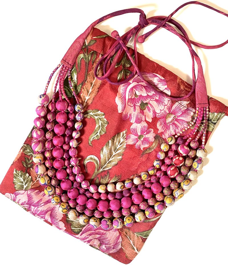 fuchsia pink sari silk boho style upcycled necklace beads