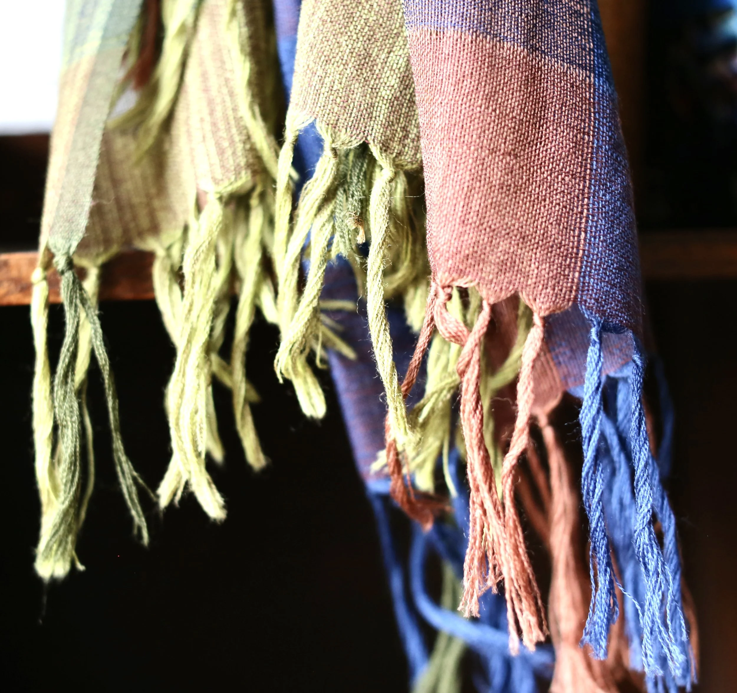 blue green brown fine wool scarf with tassel details