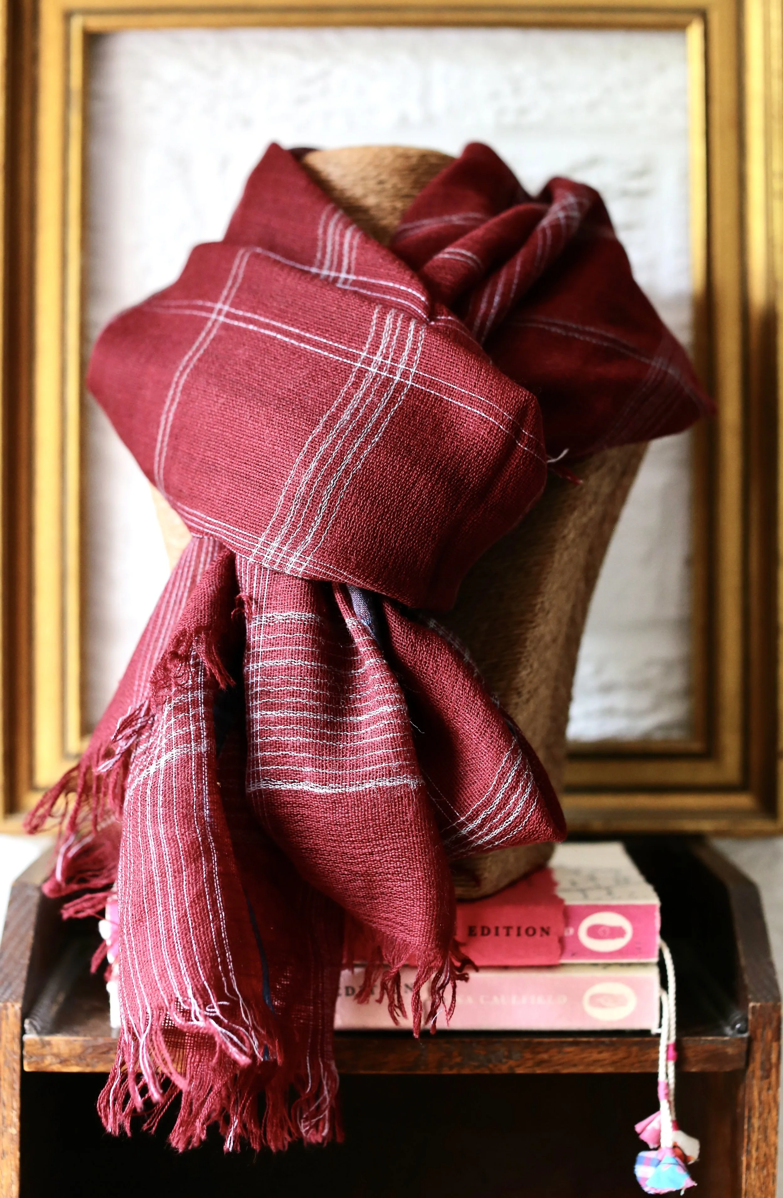 claret red grey check scarf for men