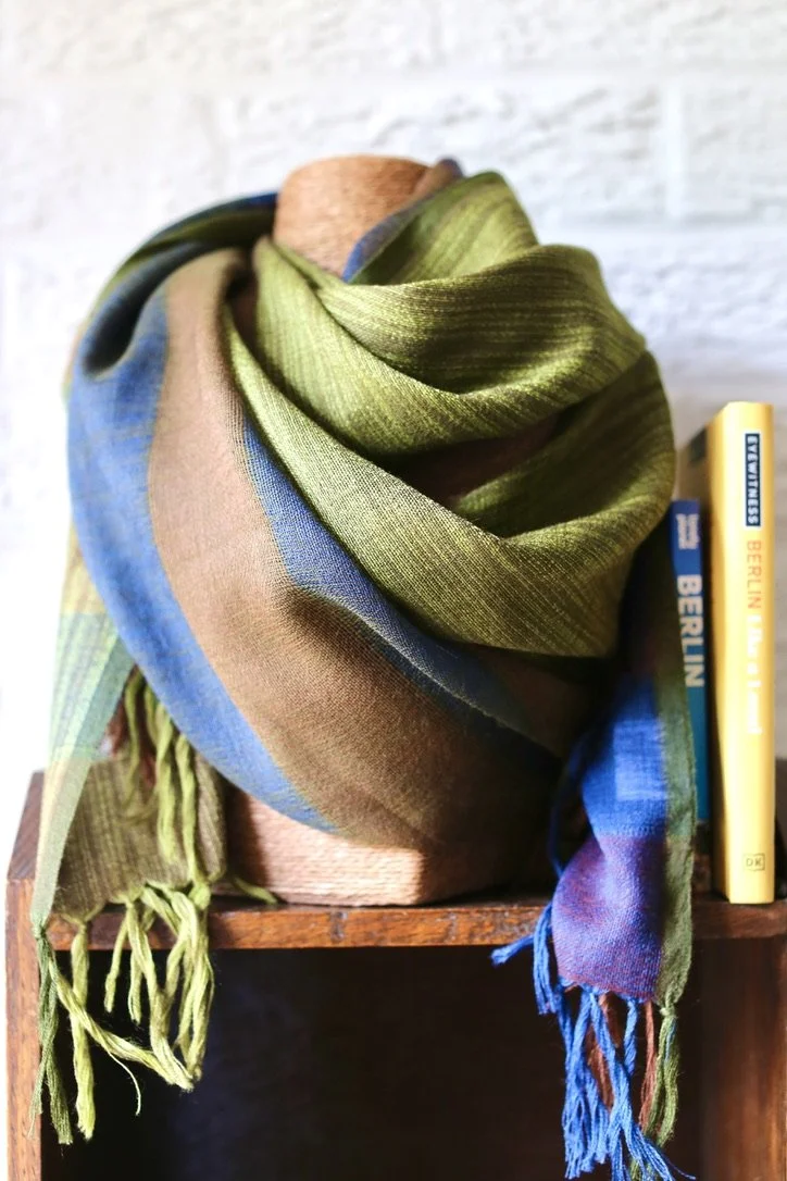 green blue brown handwoven fine wool scarf with tassels
