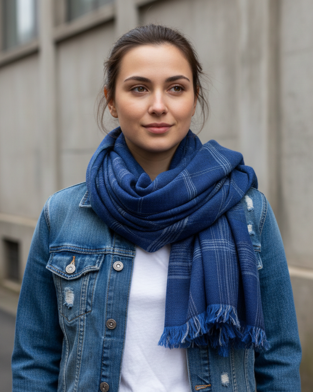 grey lines denim blue fine merino wool scarf for him or her