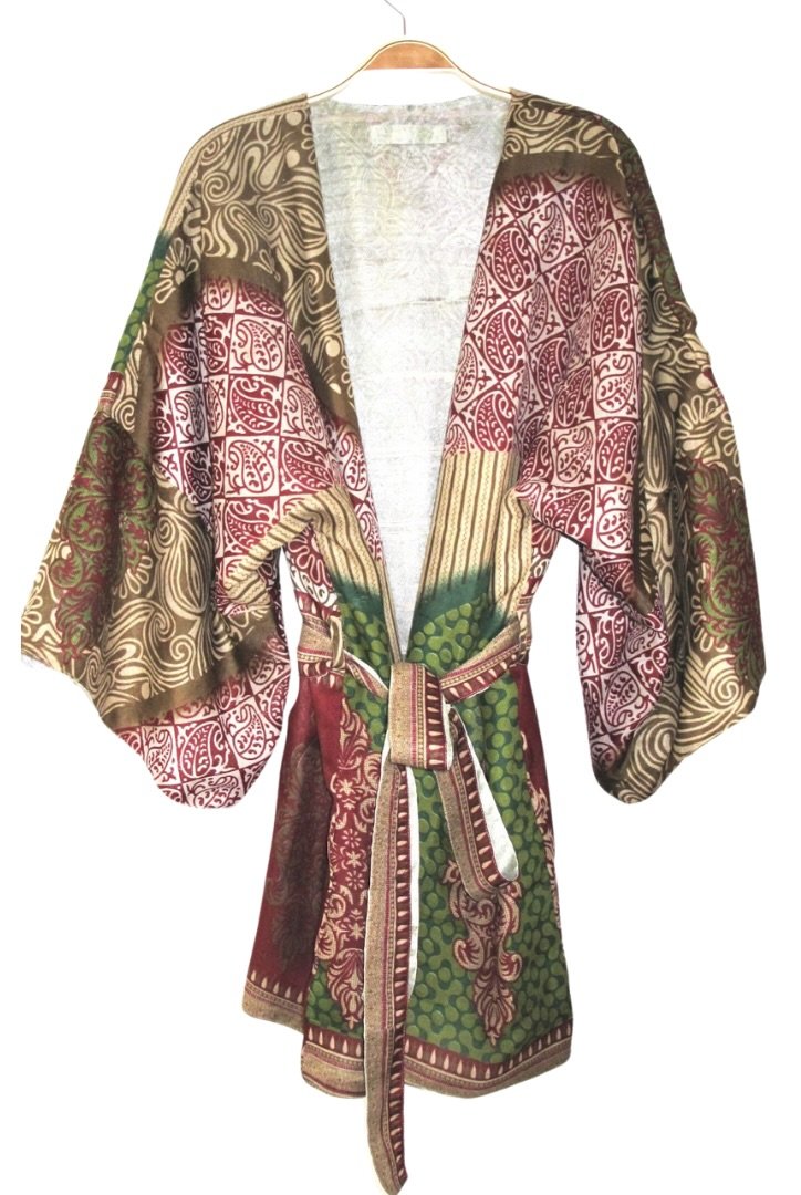 upcycled sari fabric short style reversible kimono red green