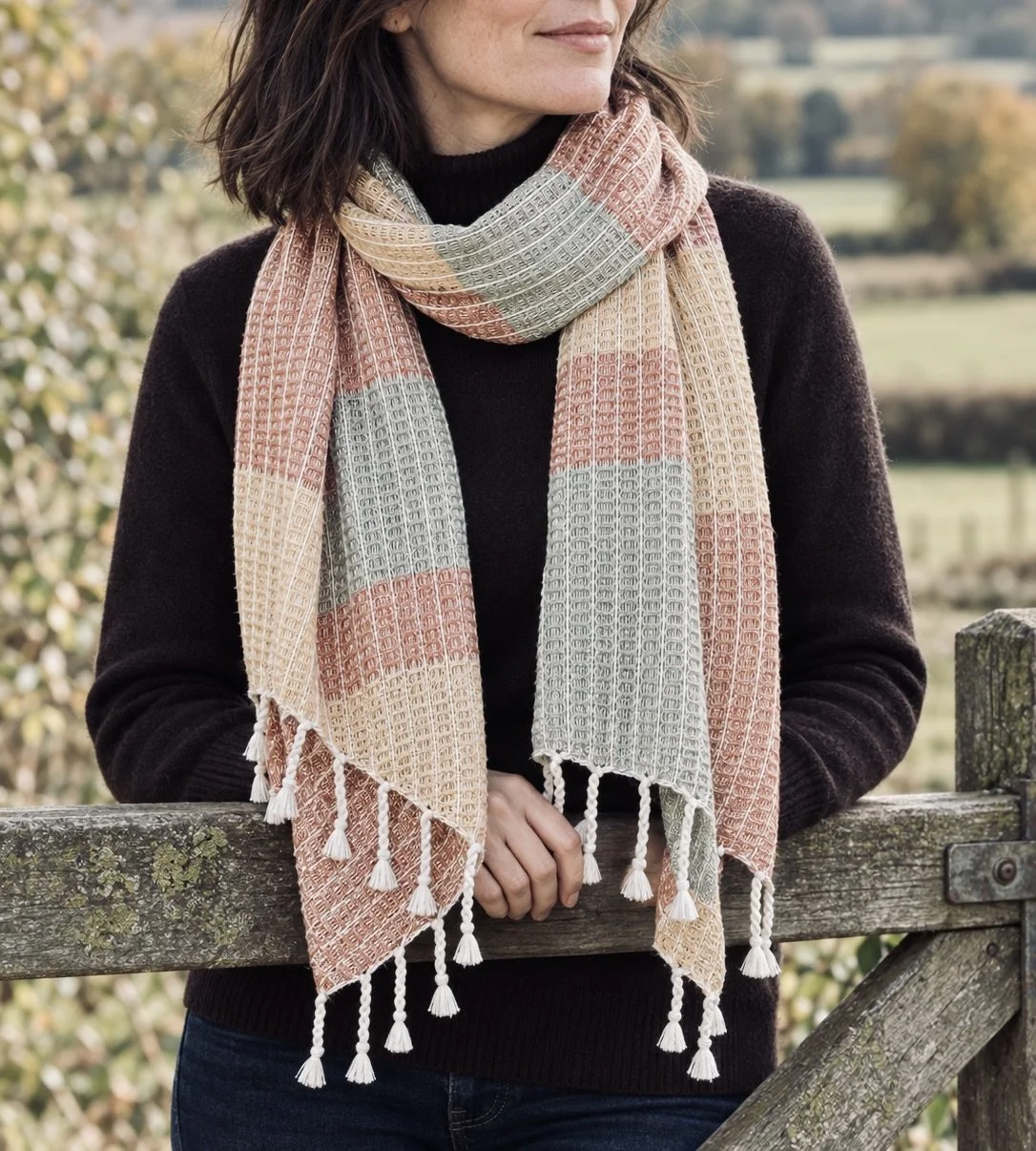 Textured autumn scarf at the countryside gate.jpeg