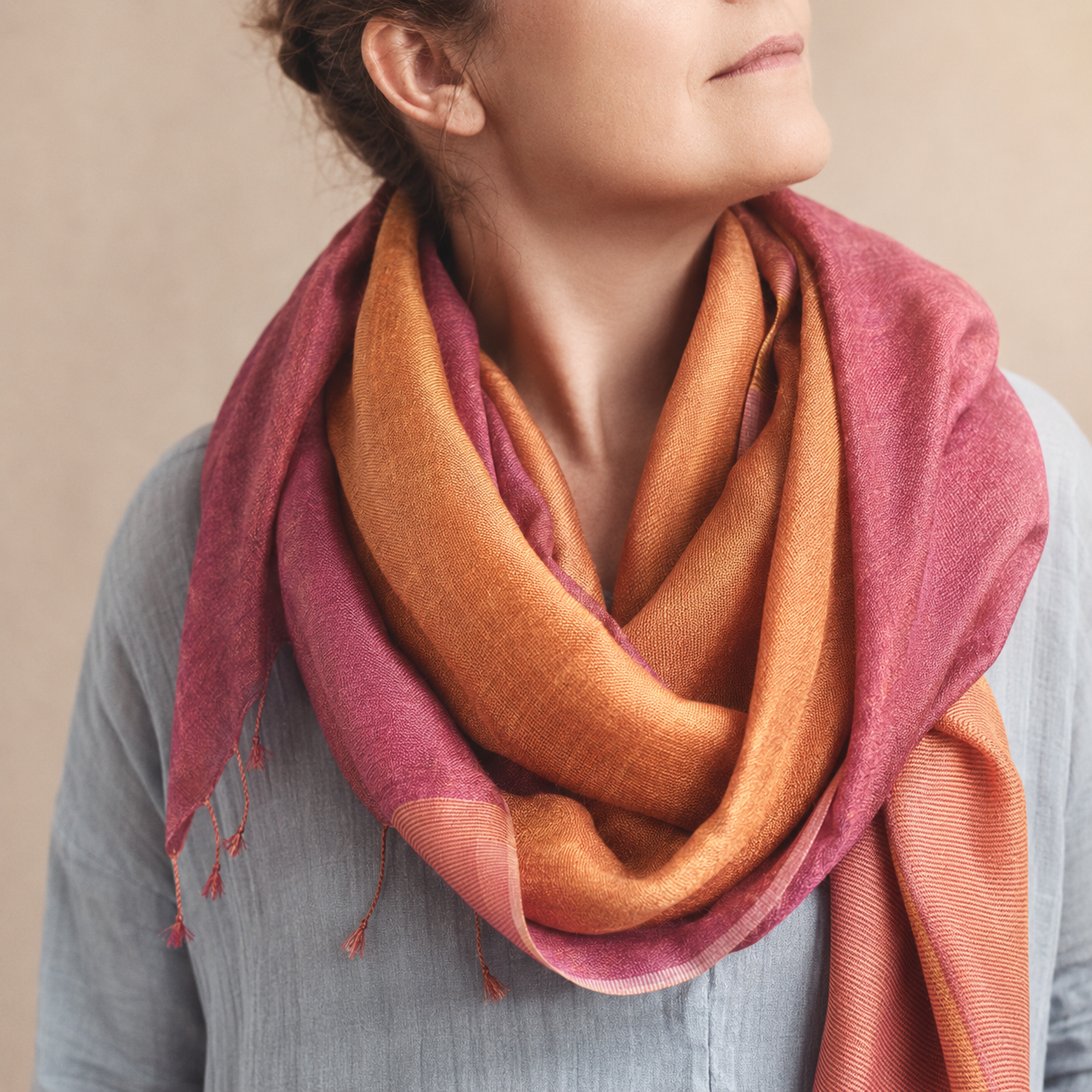 Saffron yellow and magenta pink wild silk handwoven scarf