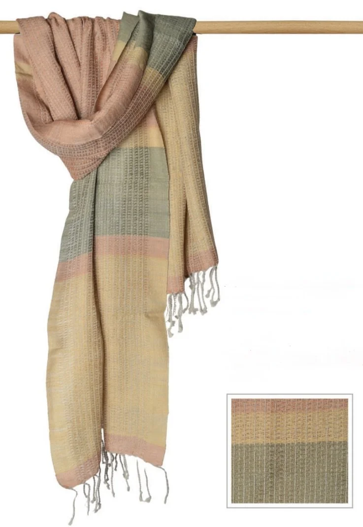 acacia natural dyed handwoven merino wool scarf green brown yello