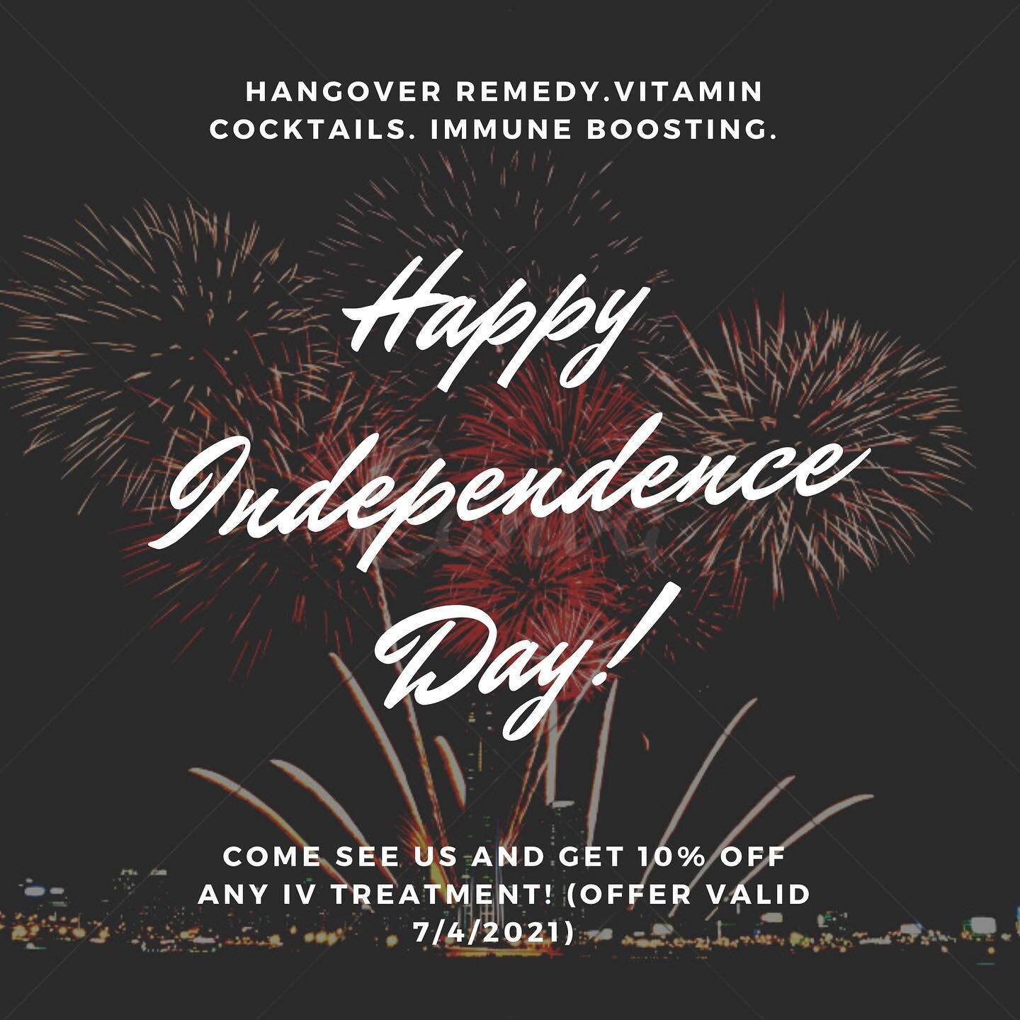 HAPPY INDEPENDENCE DAY! 🎆 we are OPEN today, so come see us to feel great before celebrating America&rsquo;s birthday! Make sure you mention this post to SuzyJo so you can get your 10% off! Call 305-509-0919 to schedule tour IV treatment! #ivhydrati