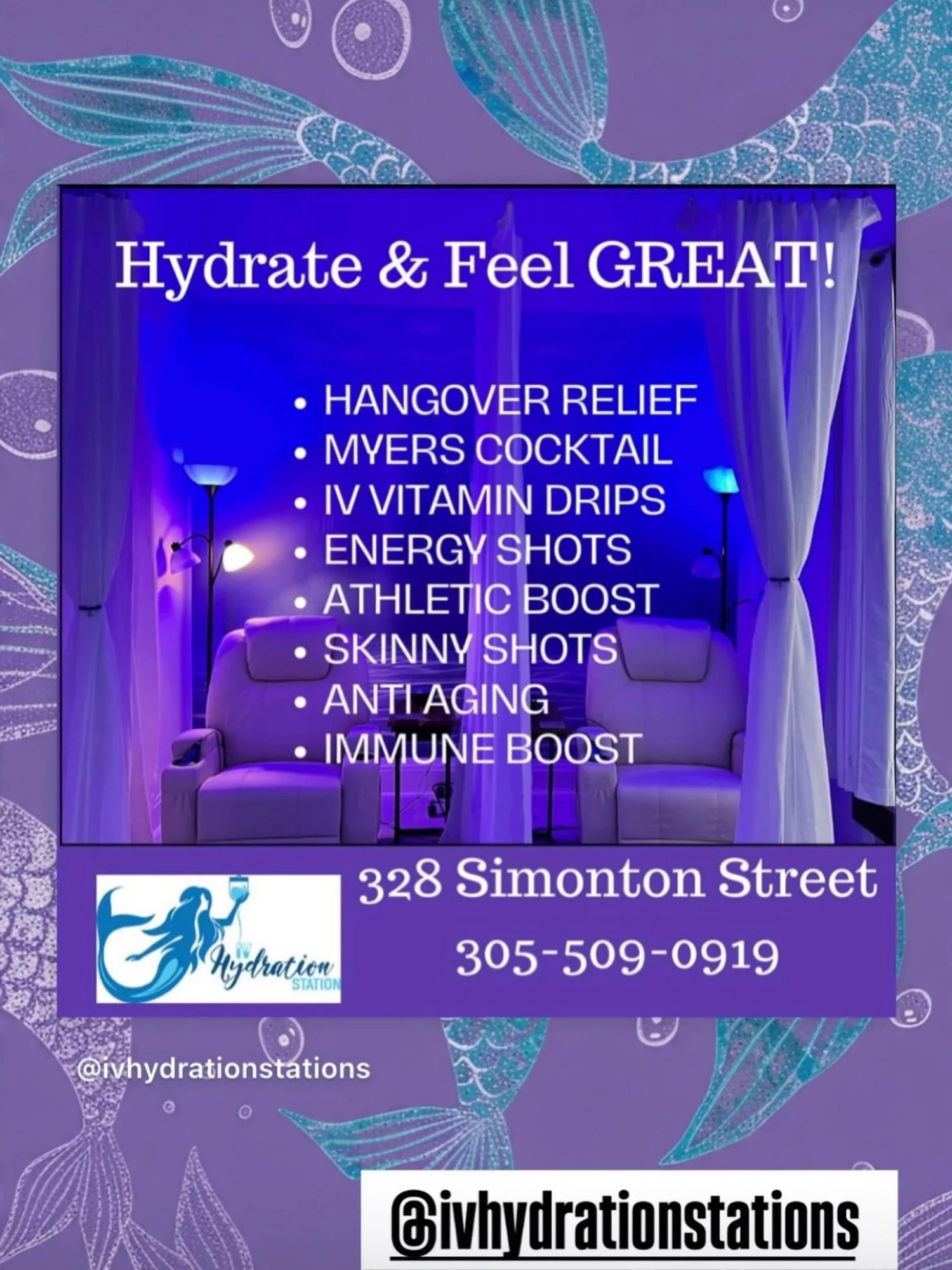 IV HYDRATION STATION RECOVERY SPA! 💧🧜🏼&zwj;♀️ Cure a HANGOVER, Boost your ENERGY! Sit in the &ldquo;people watching&rdquo; window chairs with a friend or relax in serene privacy with subdued lighting and lavender eye pillows. 📞 305-509-0919 to bo