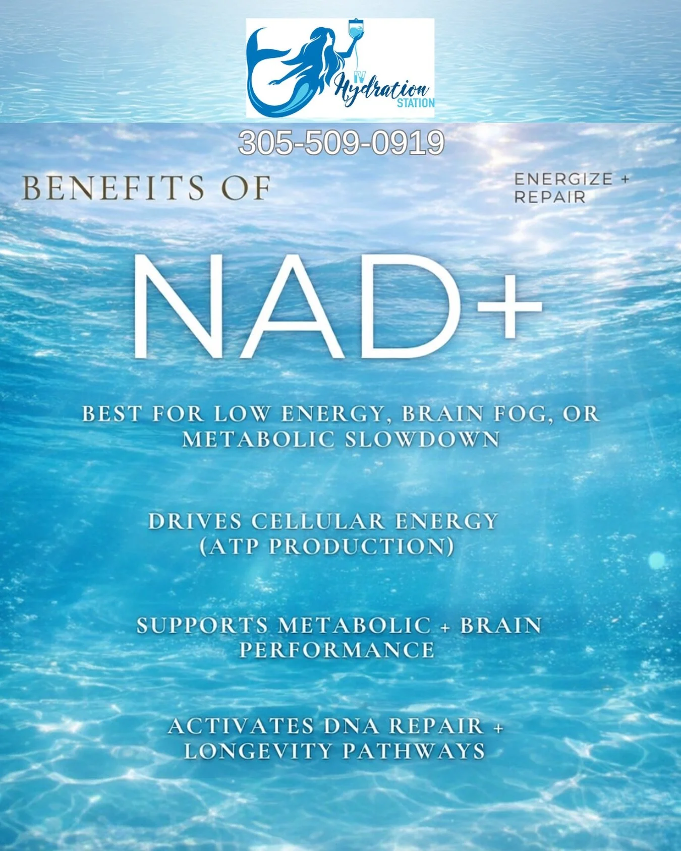 NAD Therapy may help your body to jump-start cellular repair mode, rejuvenate your energy and clean house of inner damage. Gain cognitive clarity, boost your mood. Let NAD Therapy be part of your wellness journey. Book now with IV Hydration Station! 