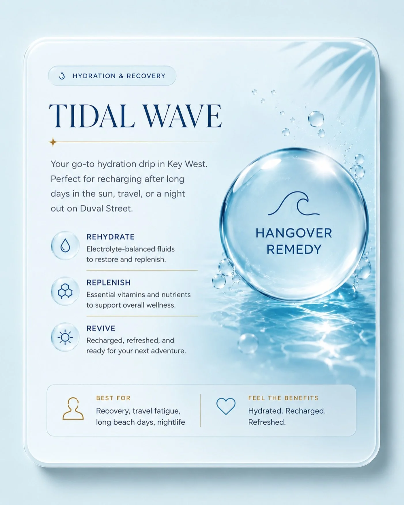 IV HYDRATION THERAPY!💧🧜🏼&zwj;♀️
Rehydrate, recover and relax at IV Hydration Stations! Cure a hangover, boost your immune system or just enhance your physical wellbeing. Sit in the &ldquo;people watching&rdquo; window chairs with a friend or relax