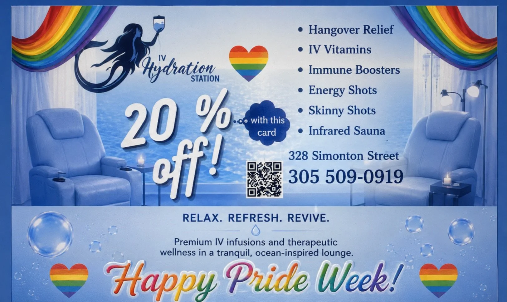 🌈 Happy Pride Week from IV Hydration Station! 🌈

Relax. Refresh. Revive.

✨ 20% OFF with this card
💧 Premium IV Hydration &amp; Wellness Services
⚡ Energy &amp; Wellness Shots
🛡️ Immune Support

📍 Walk-Ins Welcome
328 Simonton Street, Key West
?