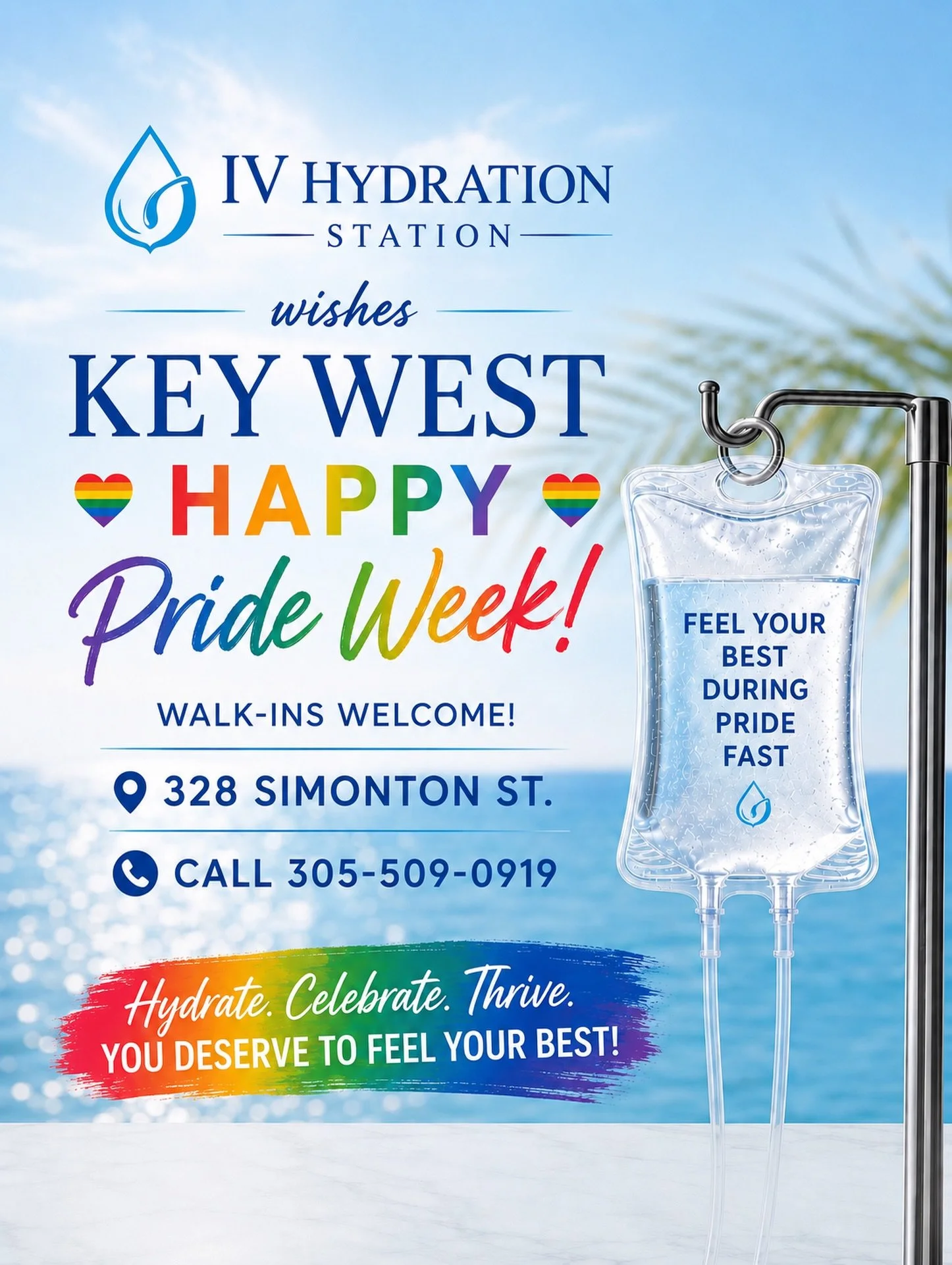 Happy Pride Week, Key West! 🌈💧 Celebrate, hydrate, and feel your best. Walk-ins welcome at IV Hydration Station, 📍328 Simonton St.
📞305-509-0919. 
.
.
#HappyPride #KeyWestPride #IVHydrationStation #HydrateCelebrateThrive&rdquo; #keywest