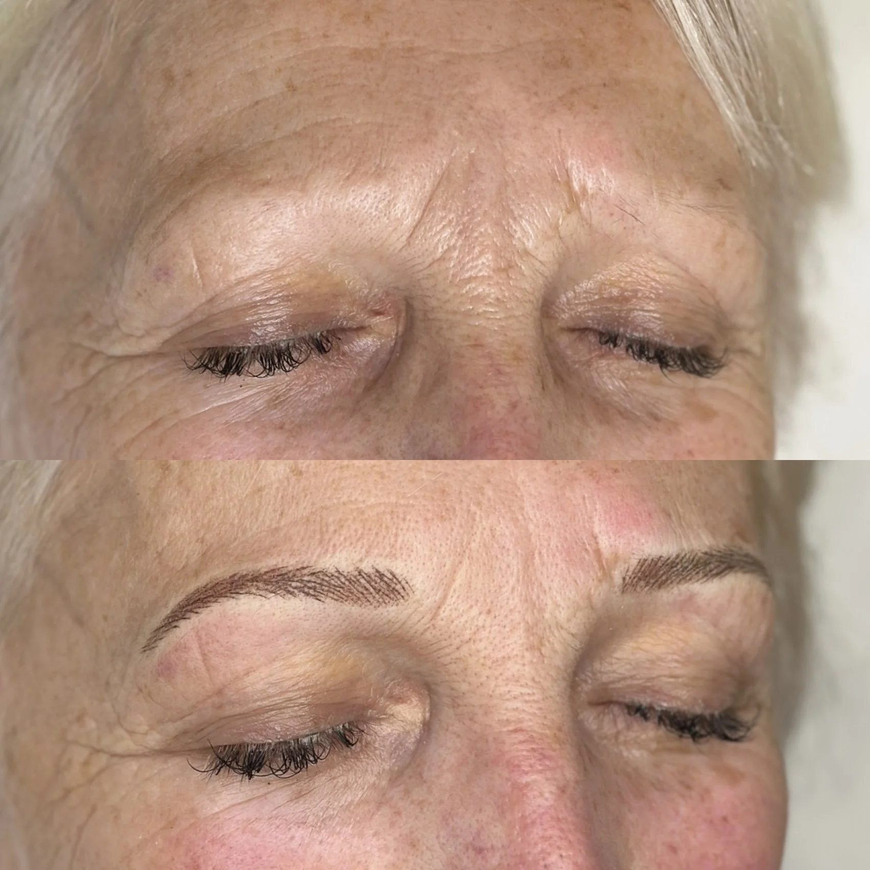 Close-up of a person's face showing a before and after comparison of eyebrow enhancement; the top shows sparse, thin eyebrows, and the bottom shows fuller, well-defined eyebrows.