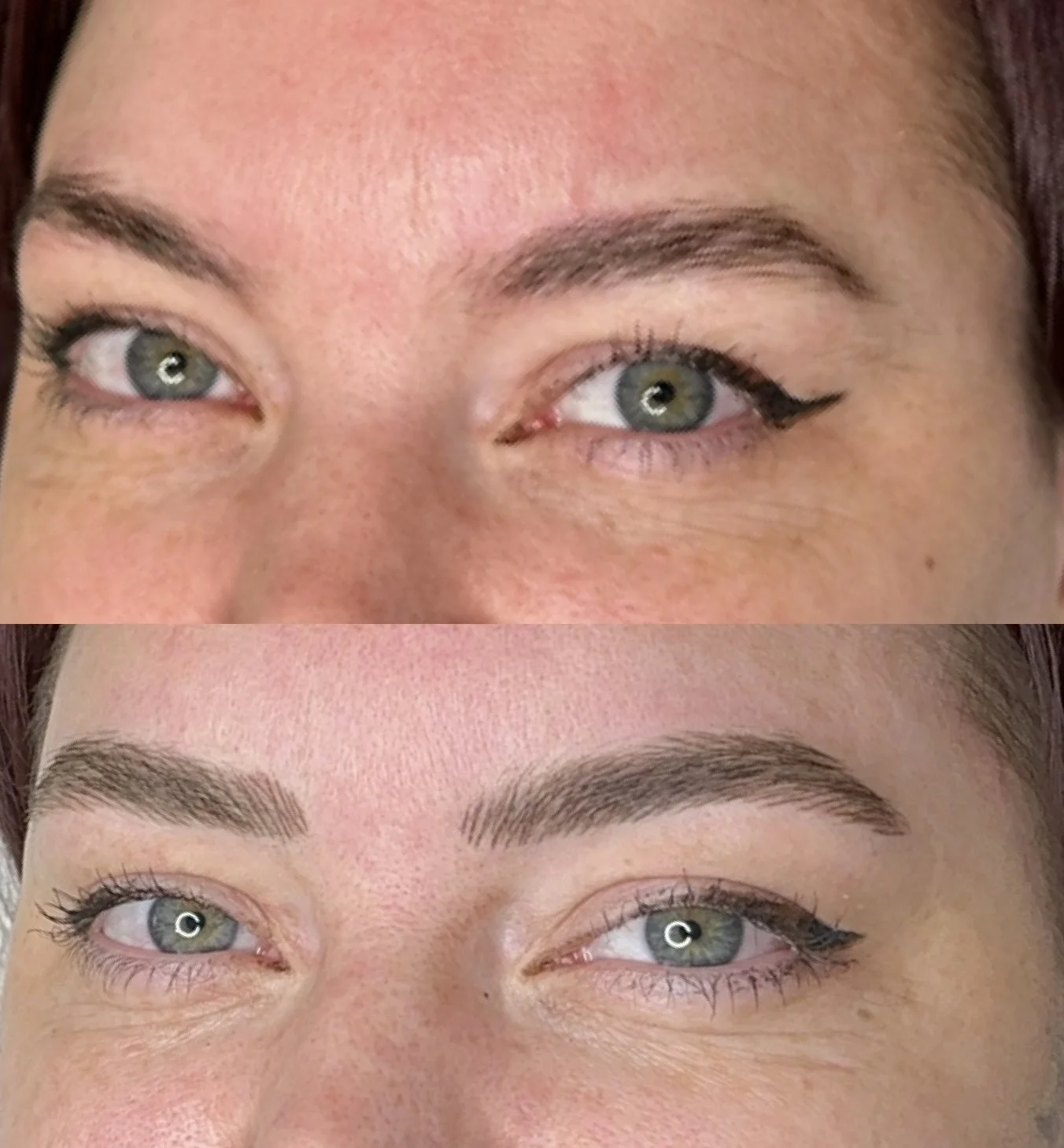 Comparison of a woman's eyes and eyebrows before and after eyebrow grooming, showing fuller and more defined eyebrows in the after image.