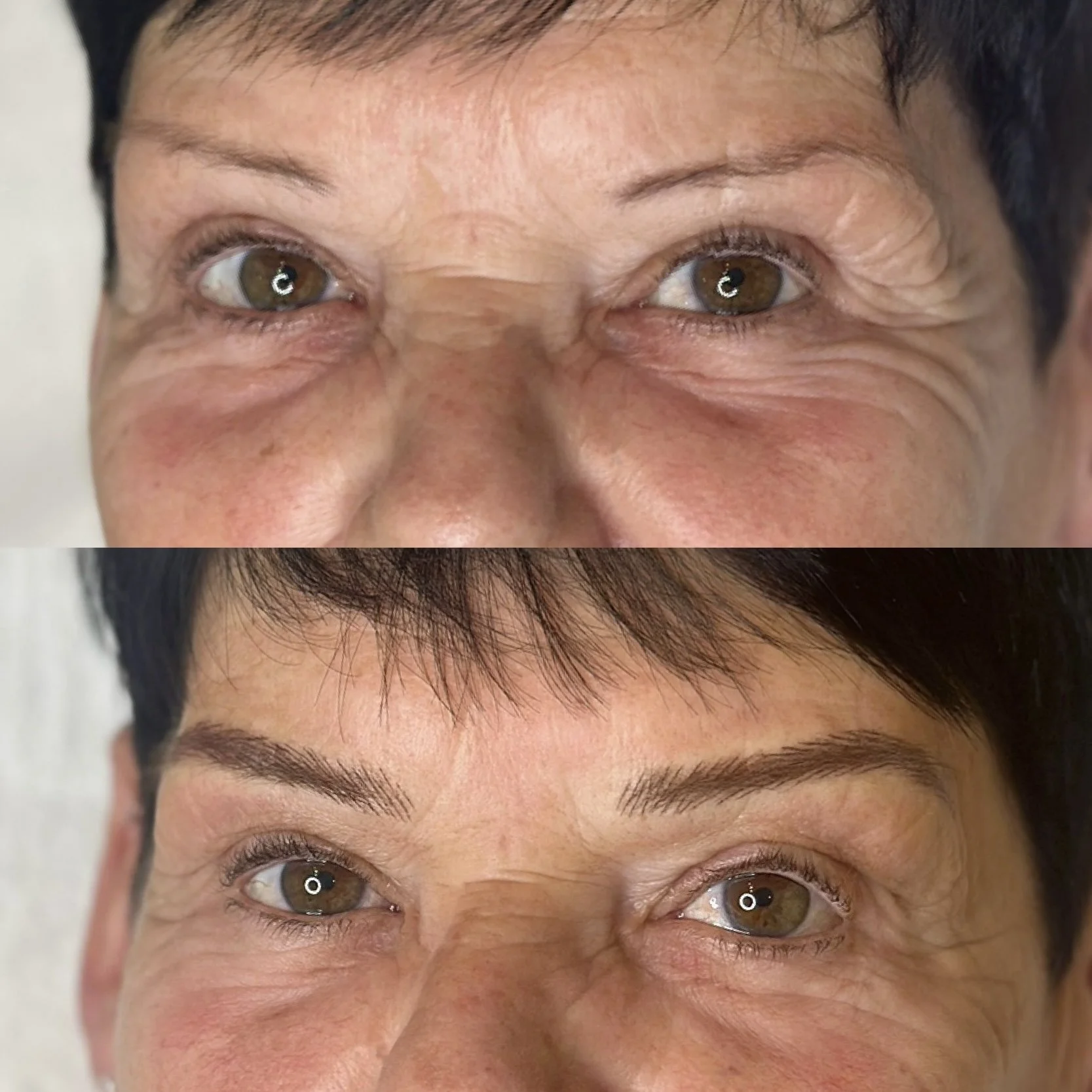 Close-up of a woman's face before and after eyebrow microblading, showing the eyebrows with sparse hair and then fuller, well-defined eyebrows.