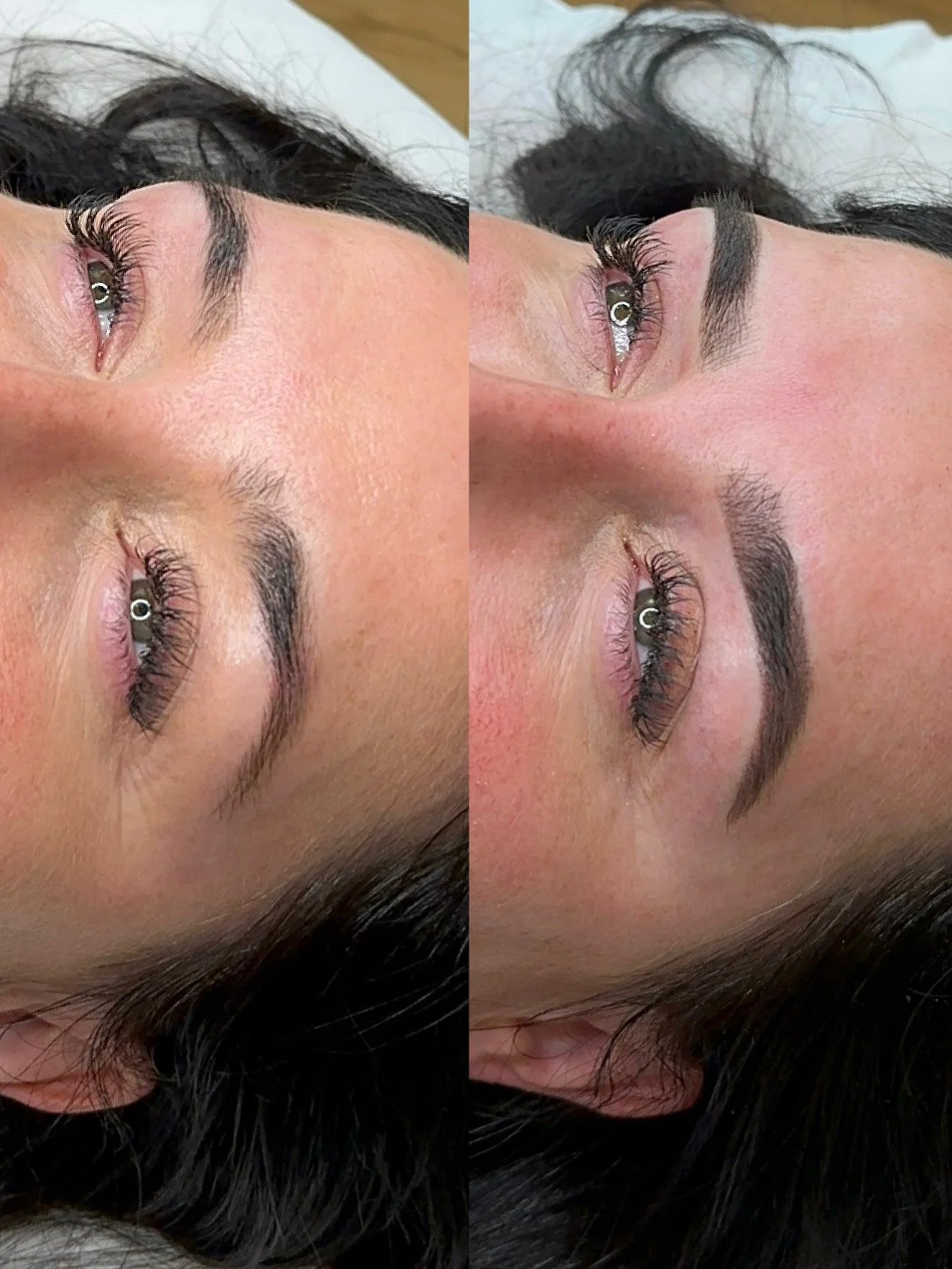 Close-up of a woman's face showing before and after images of eyebrow microblading, with dark hair, long eyelashes, and light skin.
