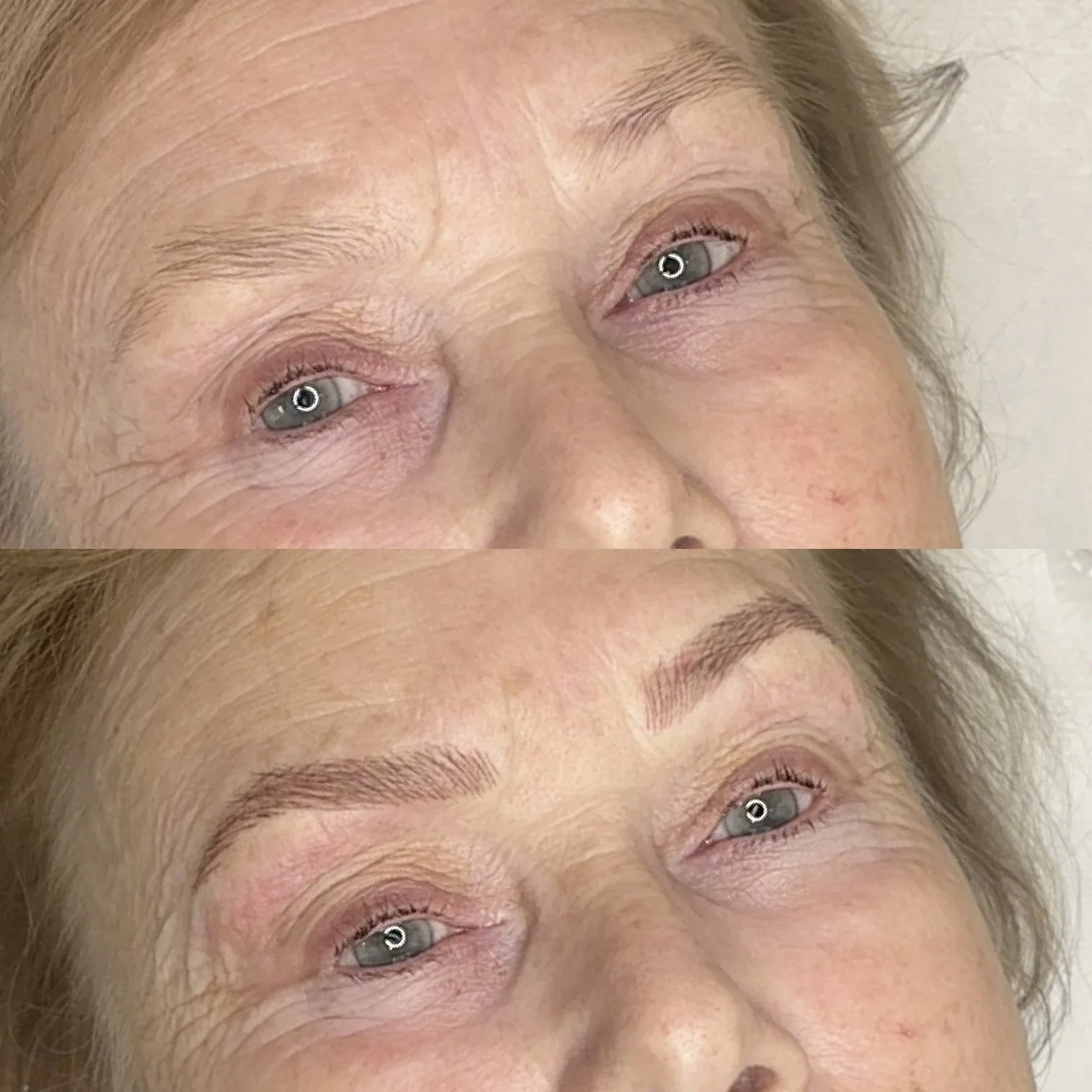 Close-up of a woman's eyes before and after eyebrow microblading or cosmetic tattooing, showing the improvement in eyebrow shape and fullness.