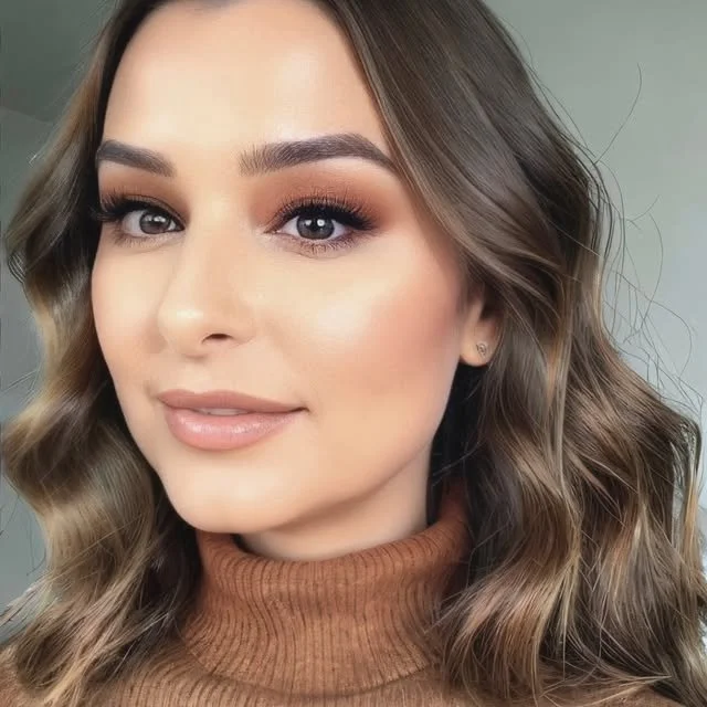 Close-up of a young woman with wavy brown hair, makeup, and a brown turtleneck sweater.