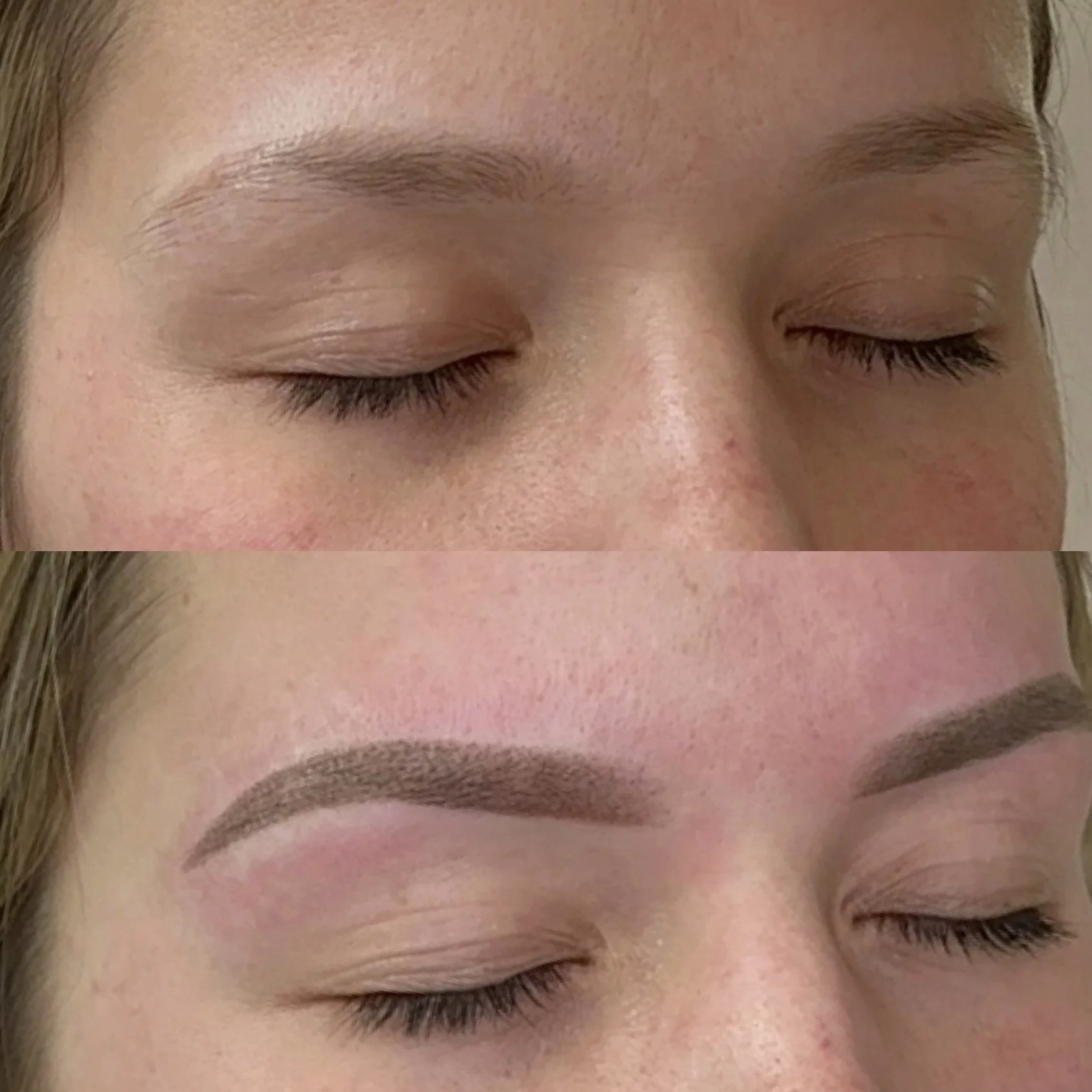 Close-up of a person's eyebrows before and after makeup application, showing the transformation from natural to well-shaped and filled-in eyebrows.