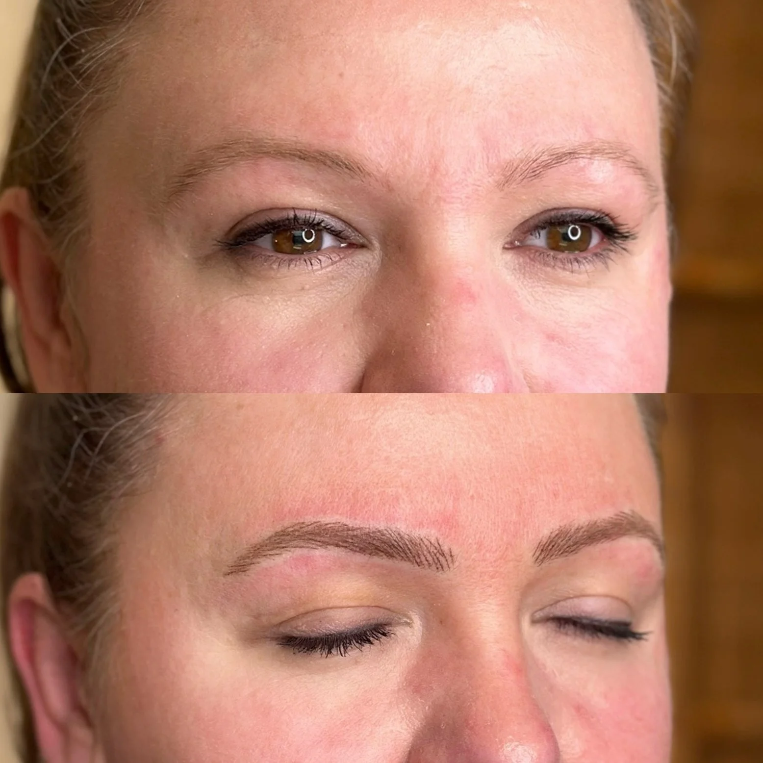 Close-up of a woman's face before and after eyebrow grooming or makeup, showing groomed, shaped eyebrows and improved appearance.