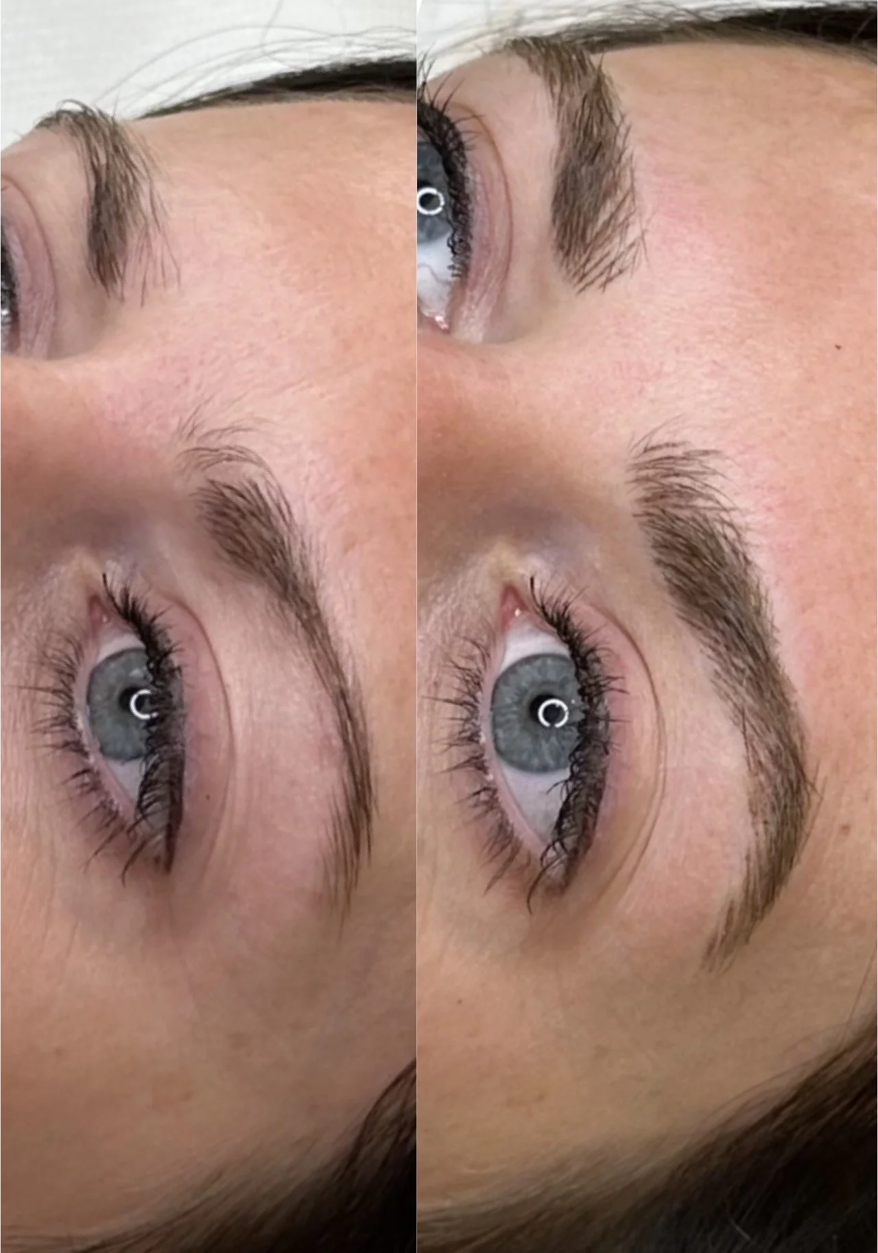 Close-up of a person's face showing before and after images of eye lash or brow enhancement, with a focus on blue eyes and brown eyebrows.