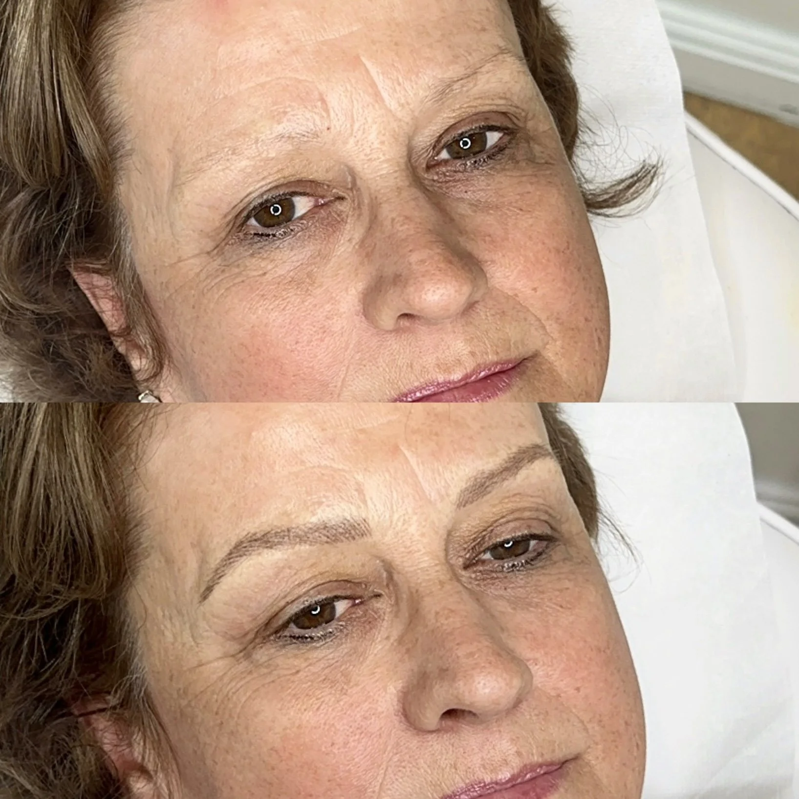Before and after images showing eyebrow enhancement on a woman with brown eyes, demonstrating fuller and more defined eyebrows in the 'after' picture.
