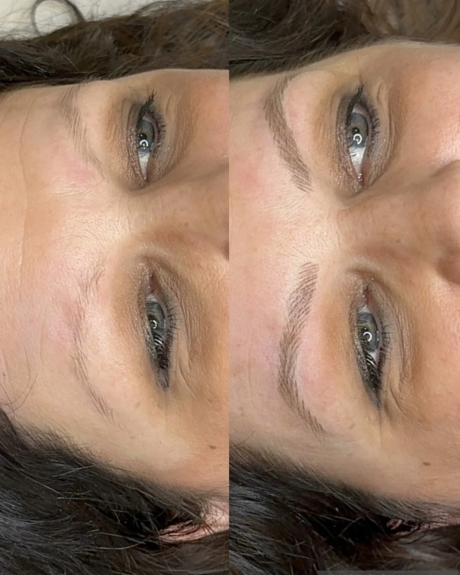 A side-by-side comparison of a woman's eyes, showing her eyebrow before and after grooming or makeup application.