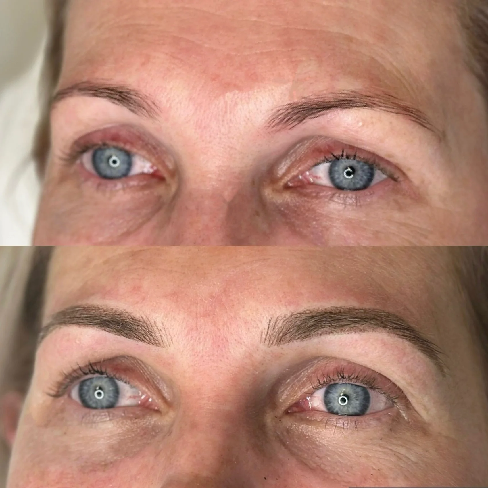 Before and after close-up images of a woman's eyebrows, showing a transformation from sparse to well-defined and shaped eyebrows.
