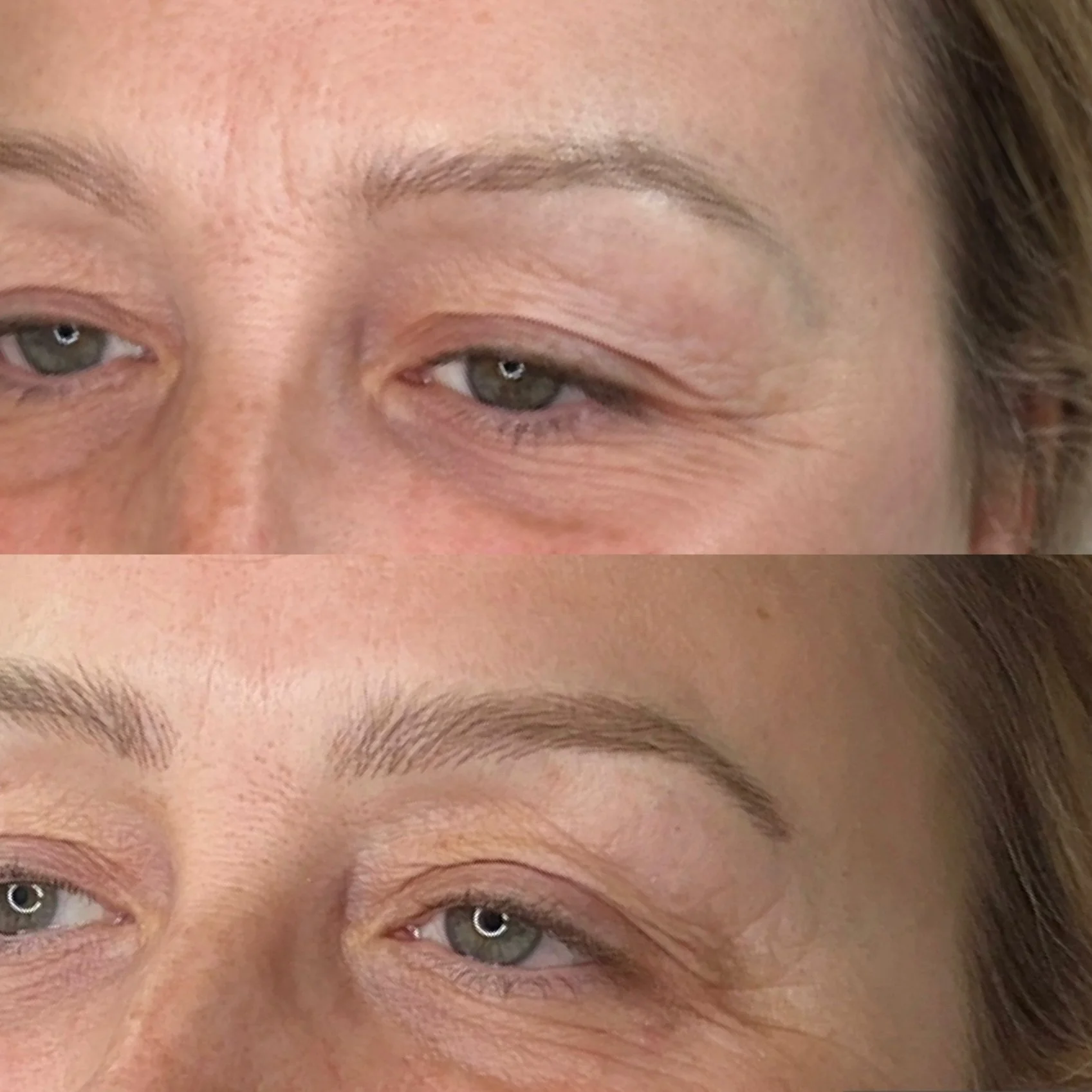 Close-up of a woman's face showing a before and after comparison of her eyebrows, with the top image depicting sparse eyebrows and the bottom image showing fuller, well-shaped eyebrows.