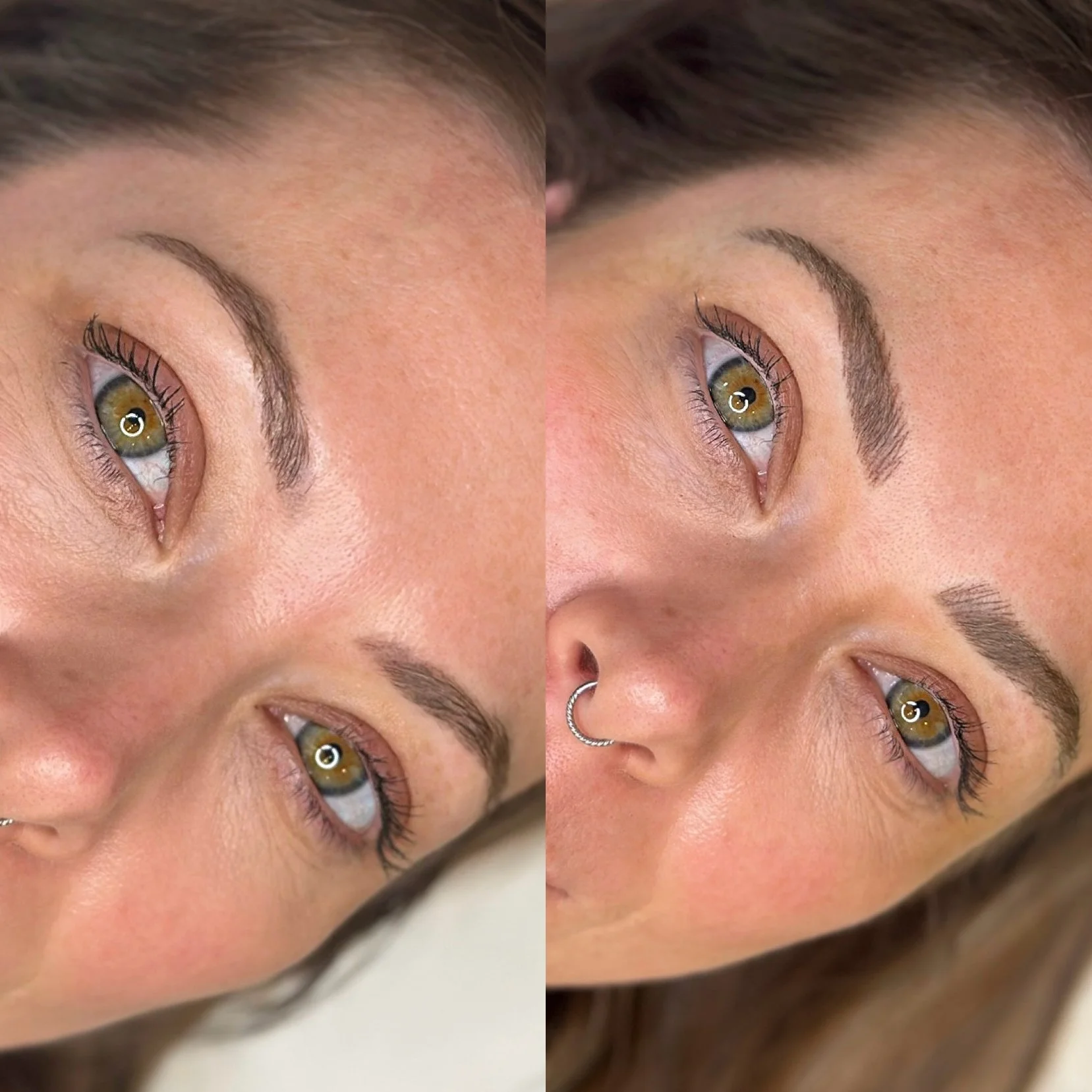 Close-up of a woman's face showing her eyes before and after eyebrow microblading, with the after image on the right revealing fuller, darker eyebrows and a nose piercing.