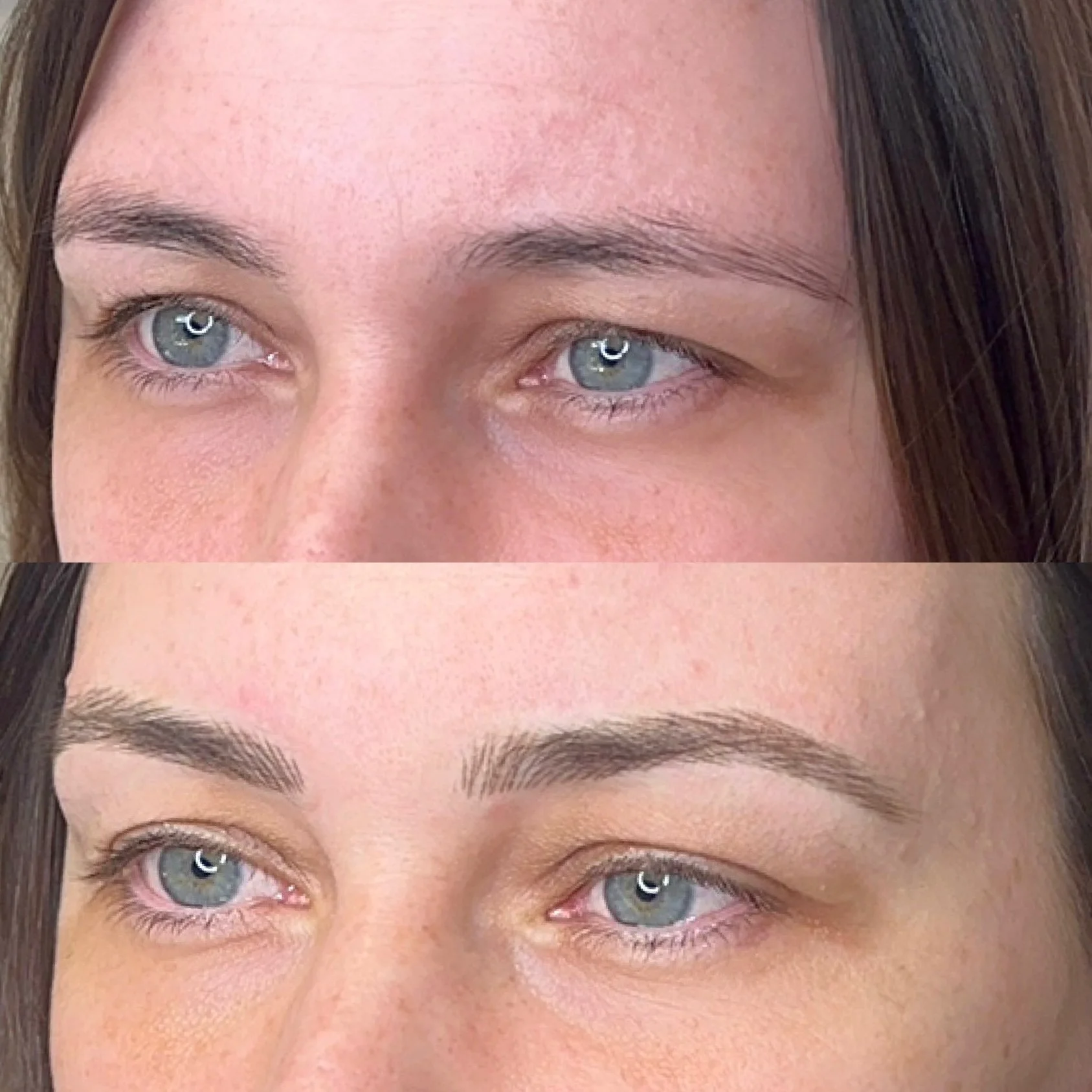 Close-up of a woman’s face showing before and after eyebrow enhancement, with the top image of natural eyebrows and the bottom image of well-defined, shaped eyebrows.
