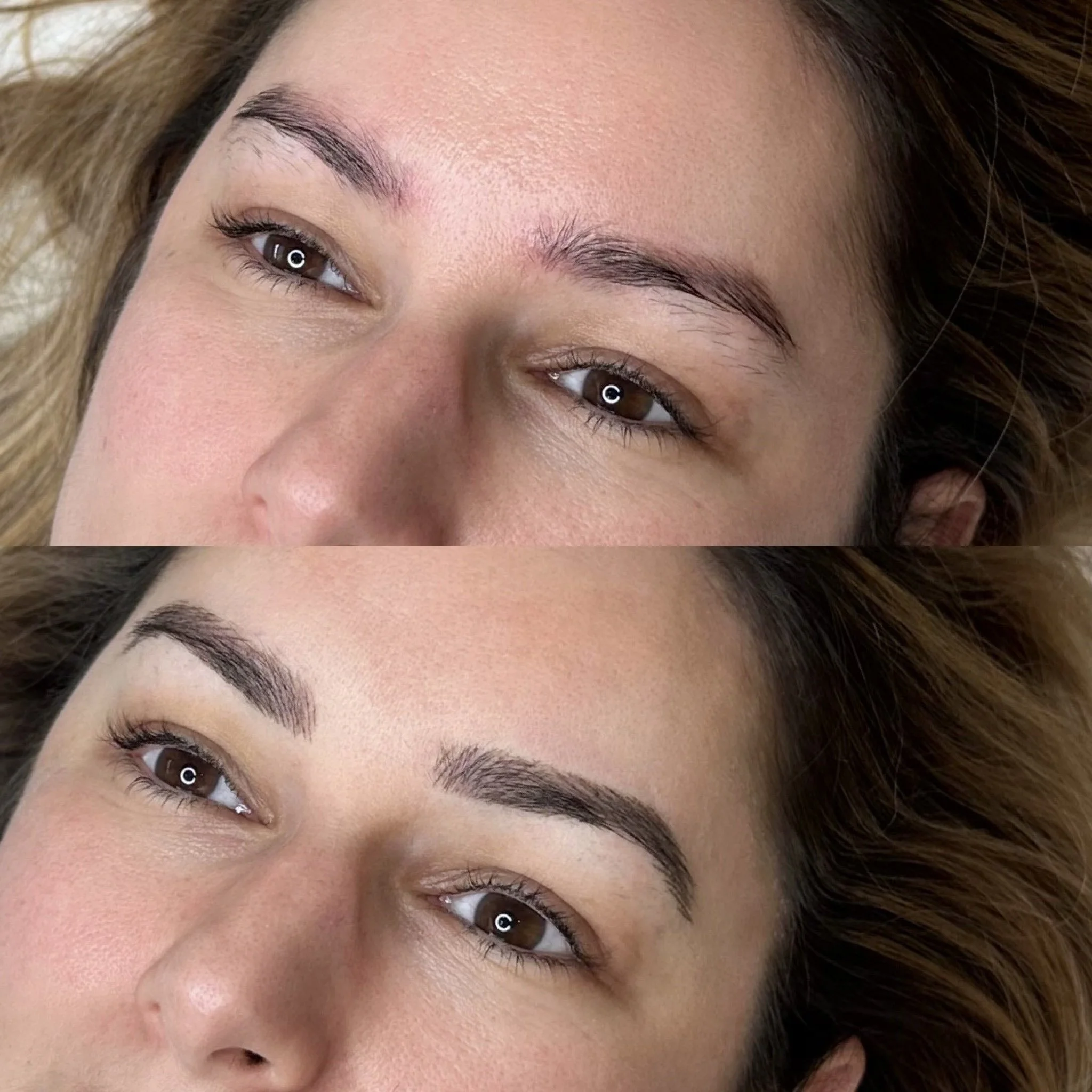 Close-up of a woman's face showing before and after eyebrows are filled in with makeup or tattooing.
