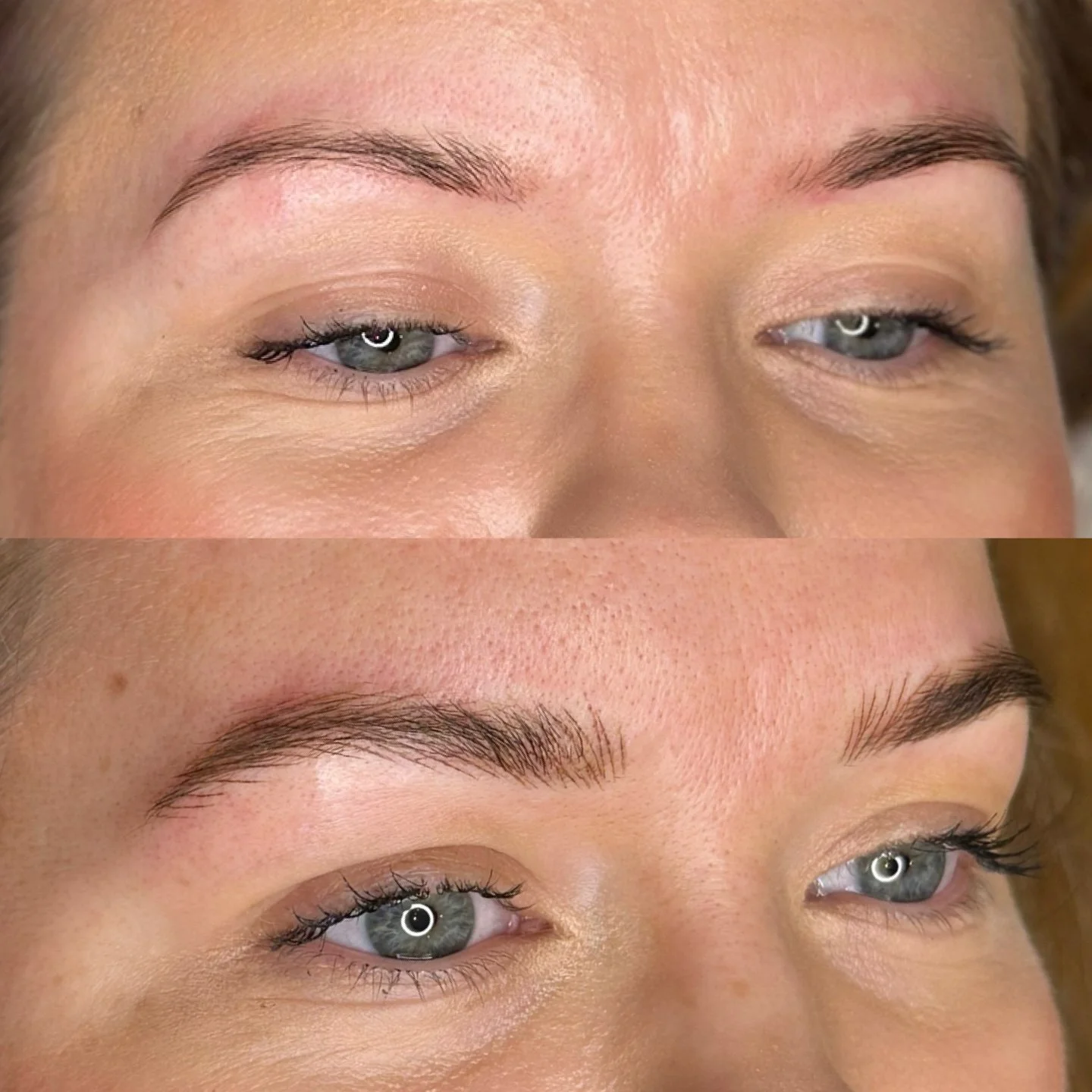 Close-up of a woman’s face showing before and after eyebrow enhancement, with the top image of natural eyebrows and the bottom image of well-defined, shaped eyebrows.