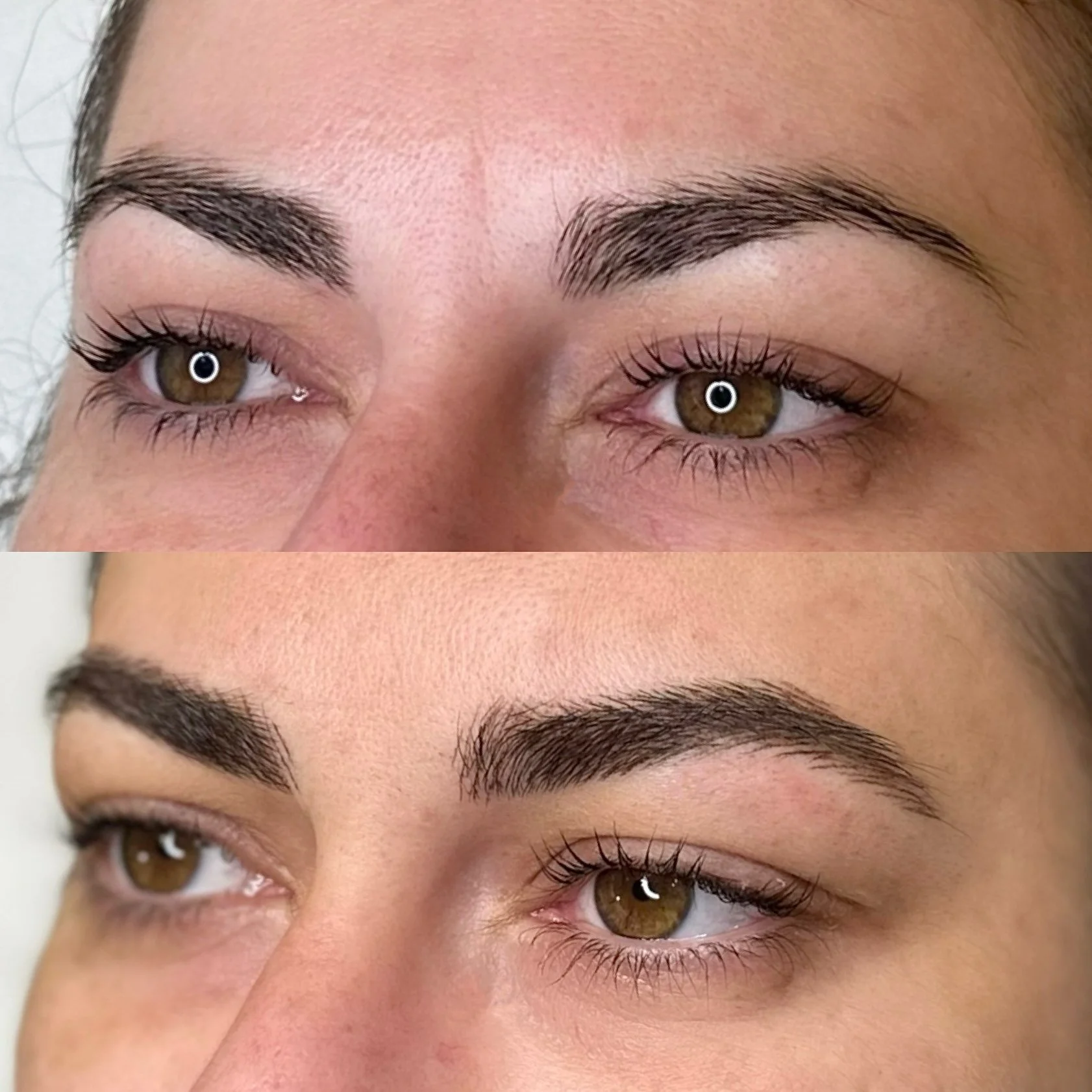 Close-up of a woman's eyes and eyebrows showing a before-and-after comparison of eyebrow enhancements.