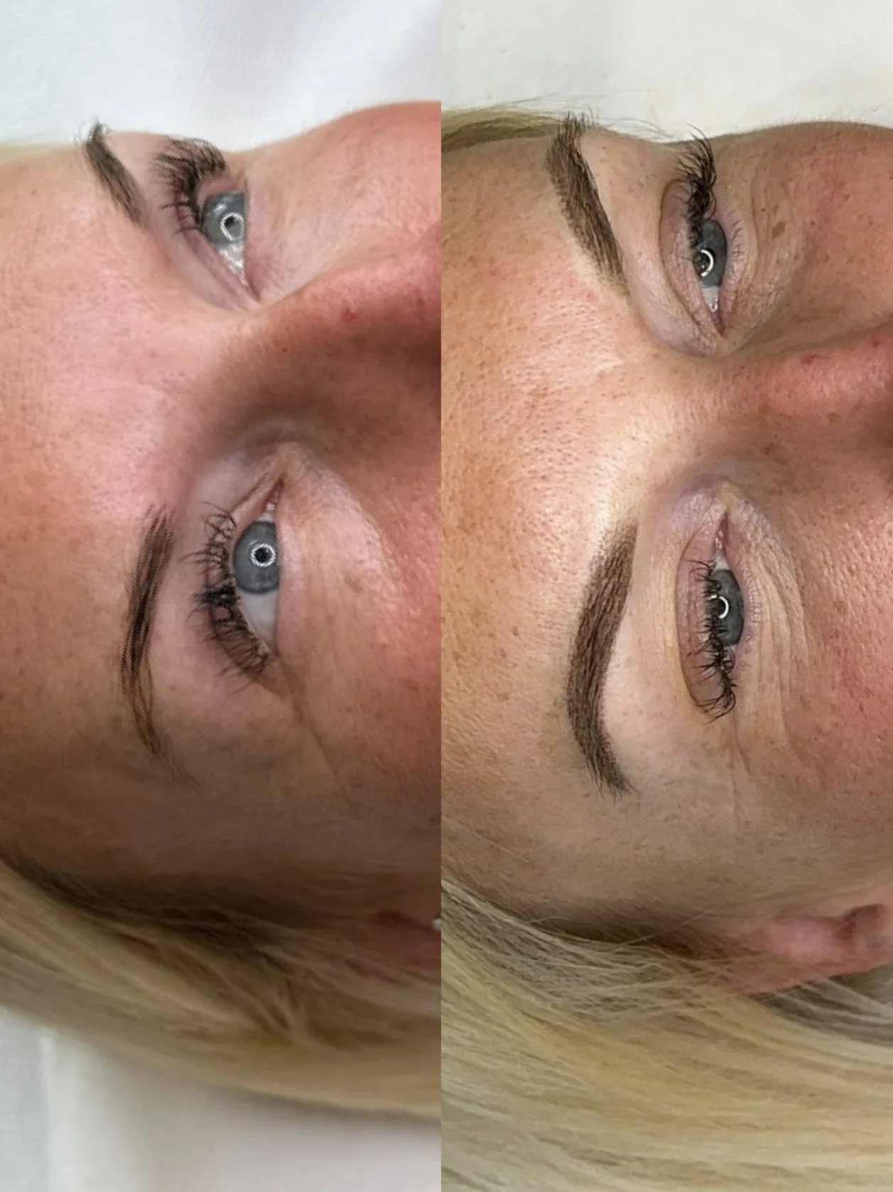 Close-up side profile of a woman’s face showing before and after cosmetic eyebrow enhancement, with natural eyebrows on the left and filled-in, styled eyebrows on the right.