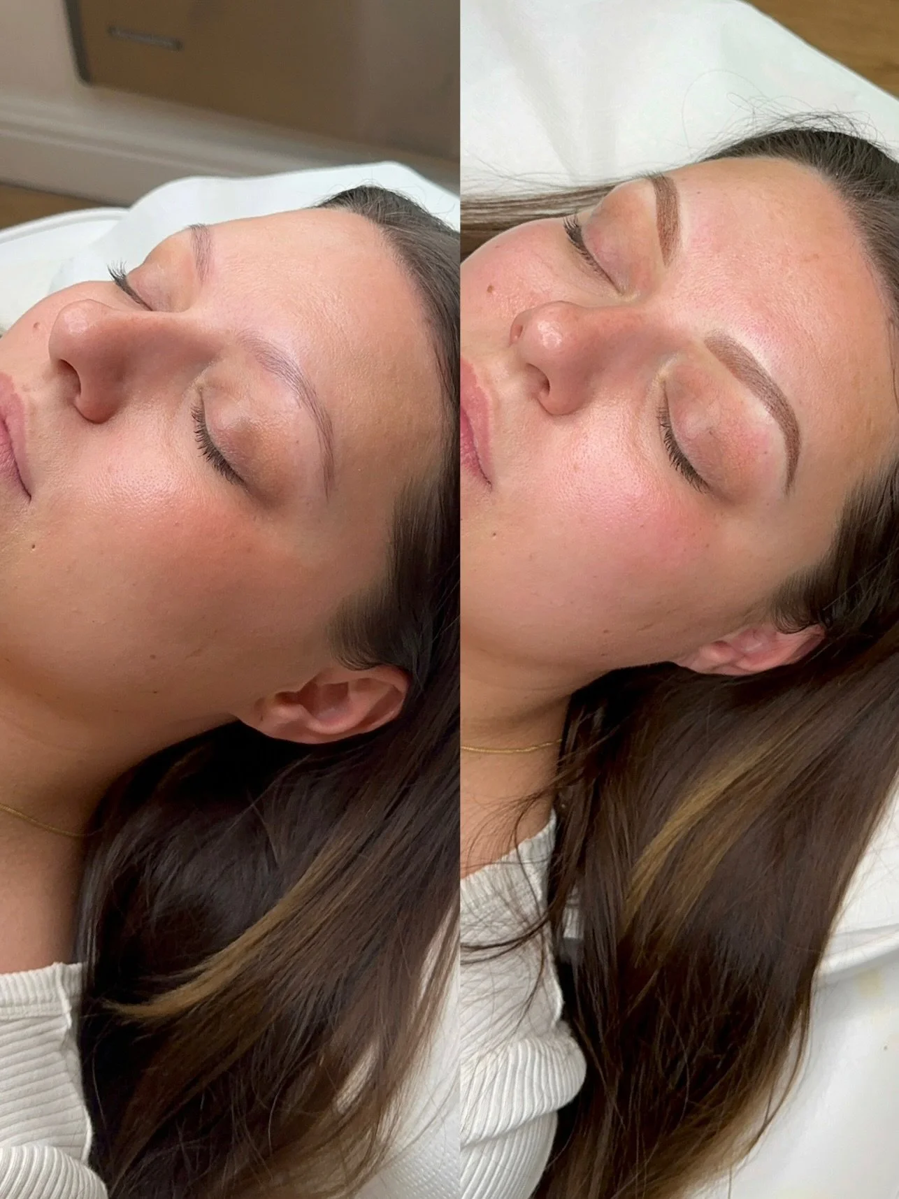 Side-by-side comparison of a woman with her eyes closed, showing before and after eyebrow microblading or tattooing. The before image shows natural, sparse eyebrows, and the after image shows well-shaped, filled-in eyebrows.