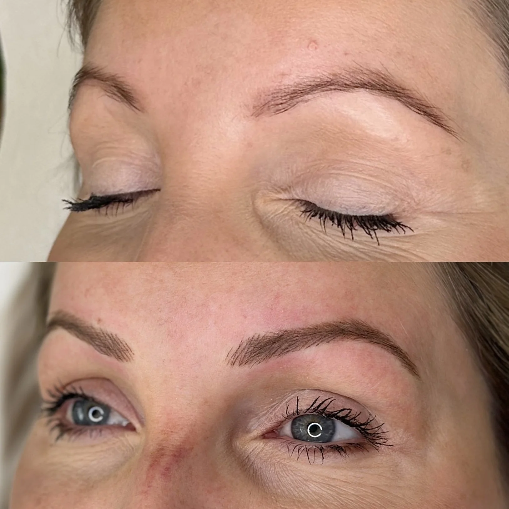 Before and after close-up images of a woman's eyes showcasing the results of eyelash extensions and eyebrow enhancements.