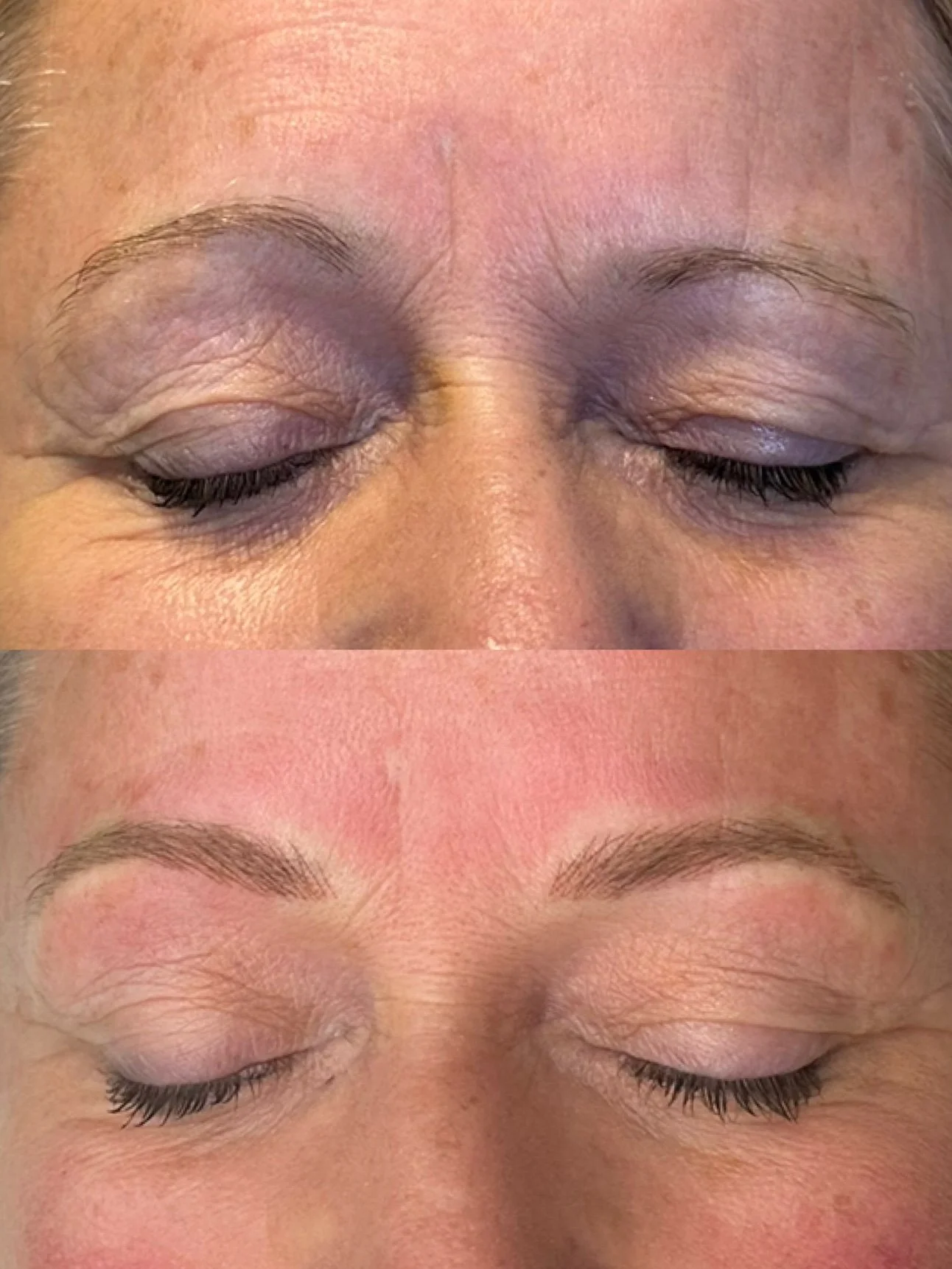 Close-up of a person's face showing before and after images of eye lash or brow enhancement, with a focus on blue eyes and brown eyebrows.