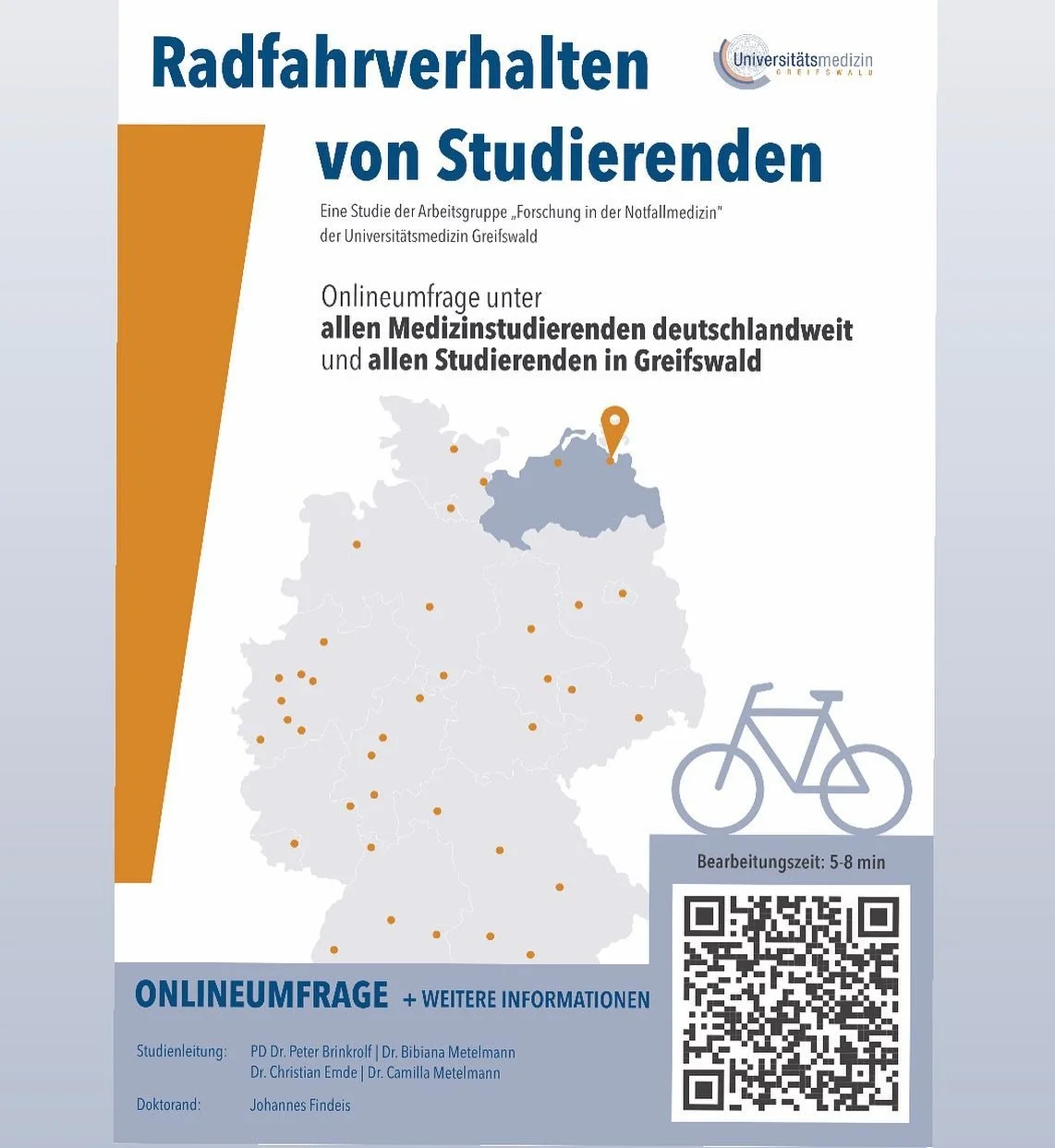 Liebe Medizinstudierende,
der Anteil der Personen, die das Fahrrad als regelmäßiges Fortbewegungsmittel nutzen, steigt stetig.  Vor dem Hintergrund dieser positiven Entwicklung ist allerdings festzustellen, dass auch die Zahl der Radfahru