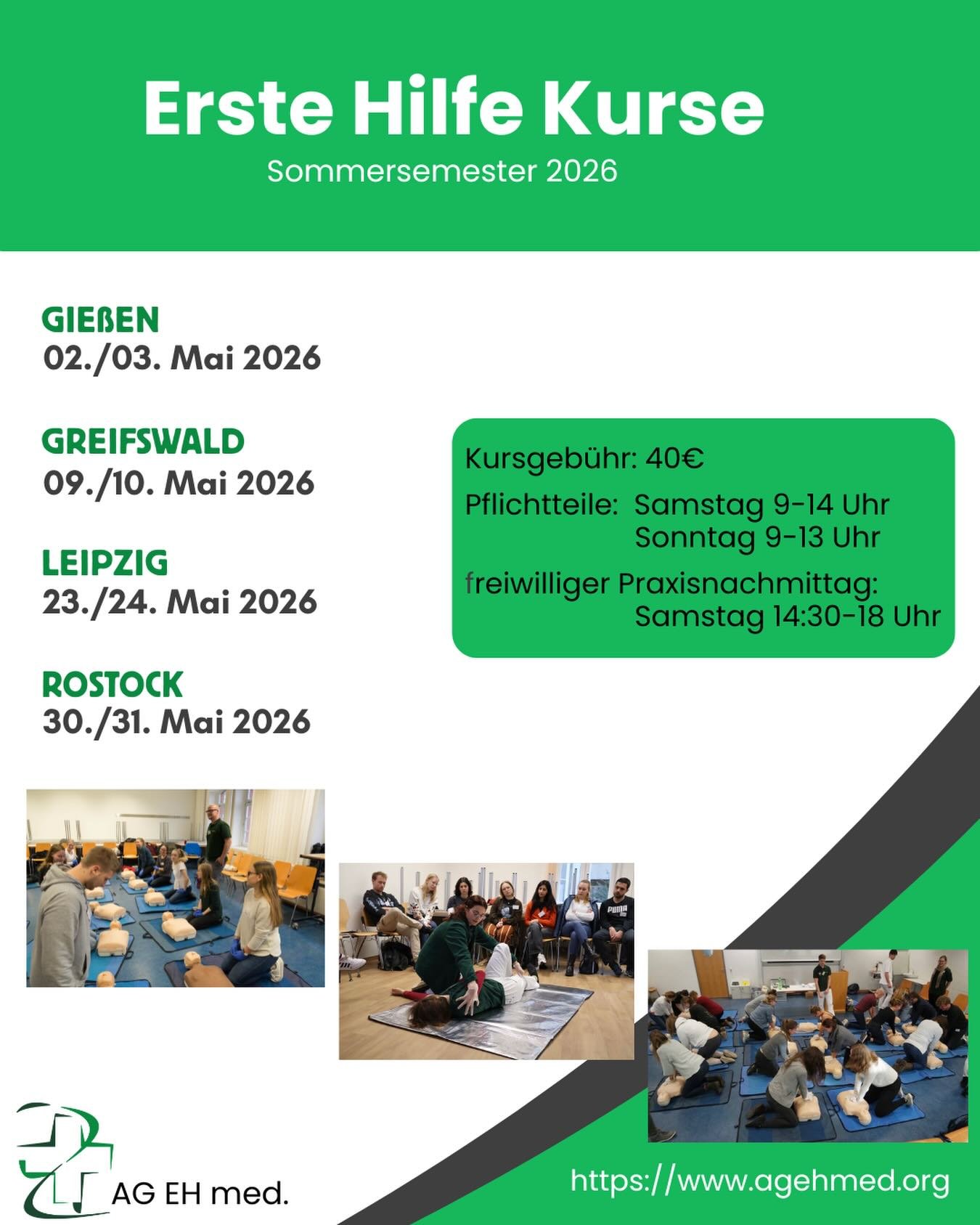 Hey ihr Lieben💚 
Physikum in Sicht und der Erste-Hilfe-Kurs fehlt noch?

Kein Problem, dann kommt zu uns! Sichert euch euren Schein f&uuml;rs Physikum und nehmt gleichzeitig Skills &amp; praktische Erfahrungen mit. Mit ein paar einfachen Handgriffen