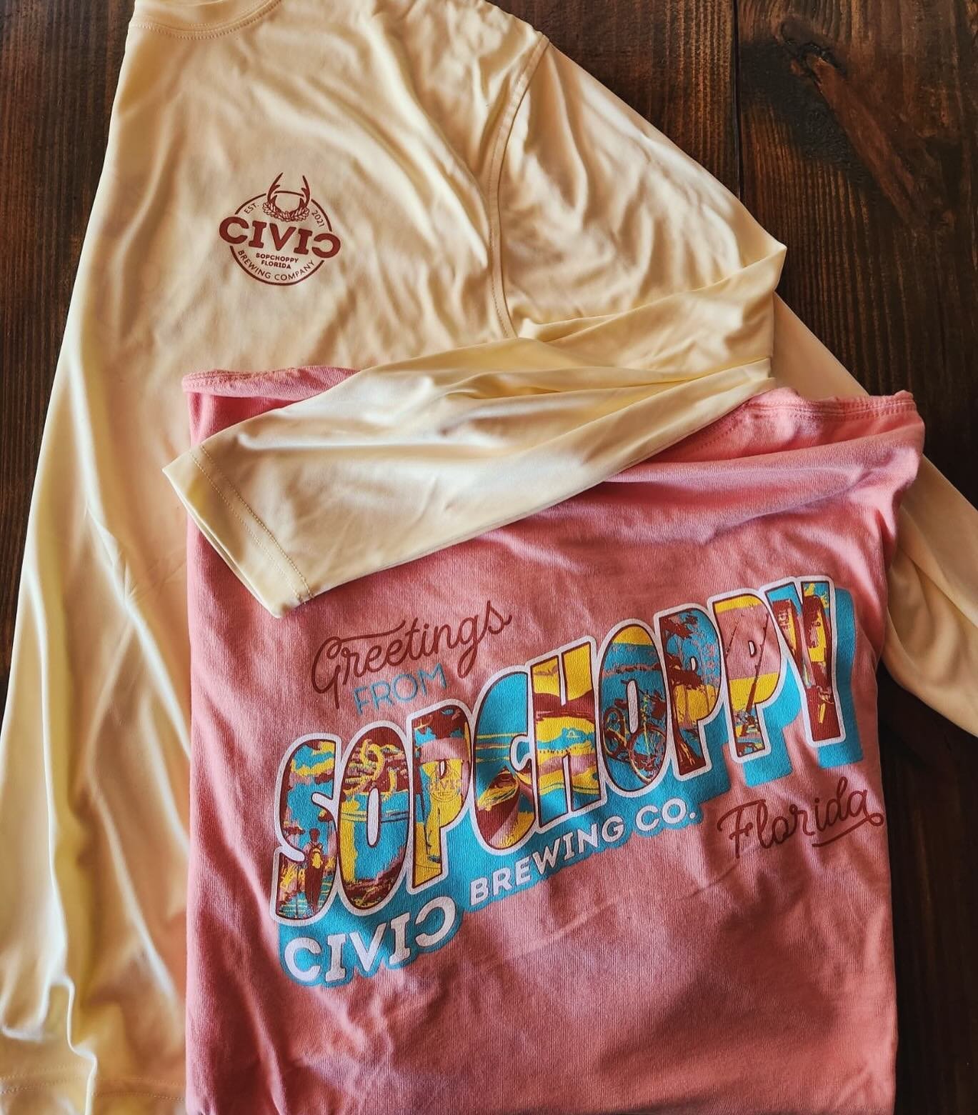 New shirts just arrived at the brewery! Tees and long sleeve fishing shirts celebrating our town of Sopchoppy. Stop by this week, or Saturday during the Worm Gruntin&rsquo; Festival 🪱 and Worm Grunters&rsquo; Ball.

All next week we will be CLOSED p