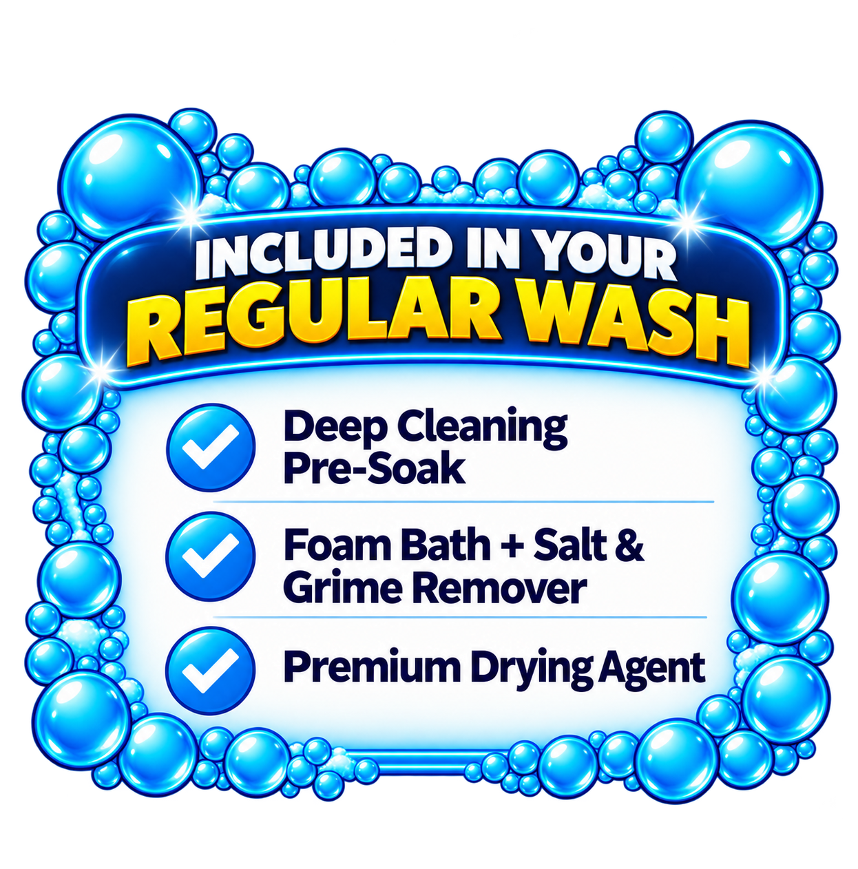 Regular Wash at NuWay Car Wash Skyway location includes Deep Cleaning Pre-Soak, Foam Bath with Salt & Grime Remover, and Premium Drying Agent.