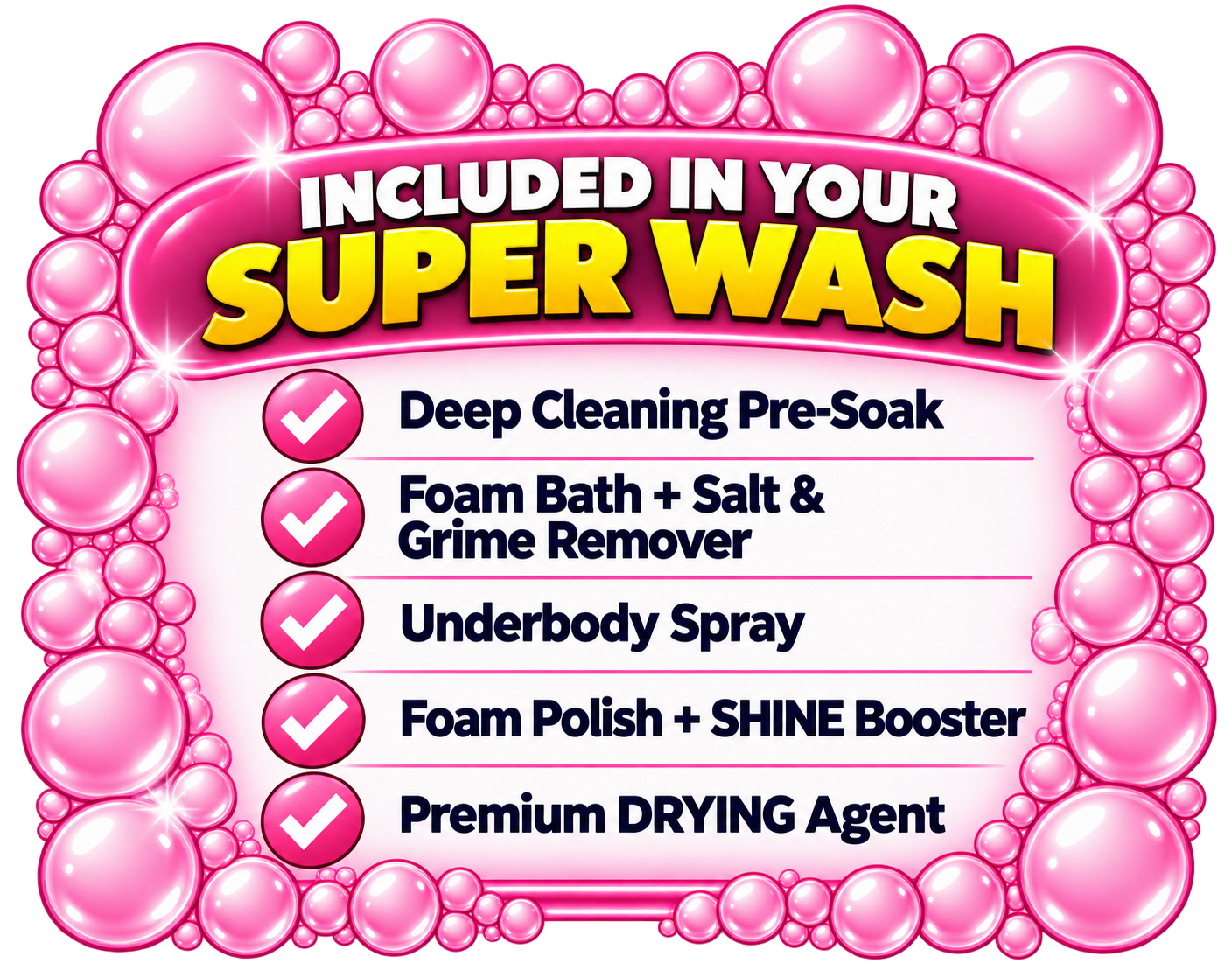 Super Wash at NuWay Car Wash Skyway location includes Deep Cleaning Pre-Soak, Foam Bath with Salt & Grime Remover, Underbody Spray, Foam Polish with SHINE Booster, and Premium Drying Agent.