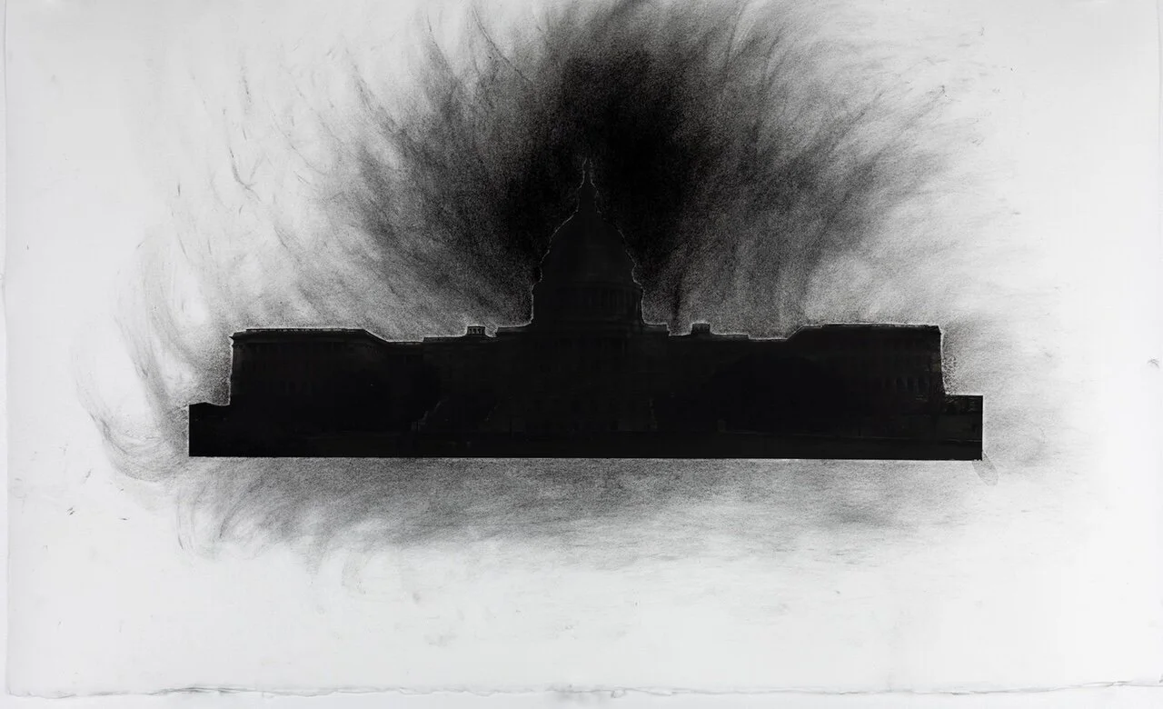"We Don't Need No Water, Let the Motherfucker Burn!”, 2021 by Dread Scott  15" x 25”; Pigment print, American flag ashes &amp; charcoal
