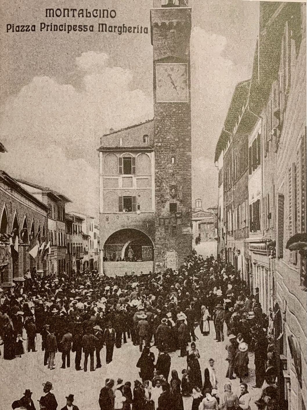 We have found a 1920s photo of the Piazza del Popolo in Montalcino taken during the May 8th celebration for the town&rsquo;s patron saint.

It is fascinating to see how much has changed since then. Even the name has evolved; it was previously known a