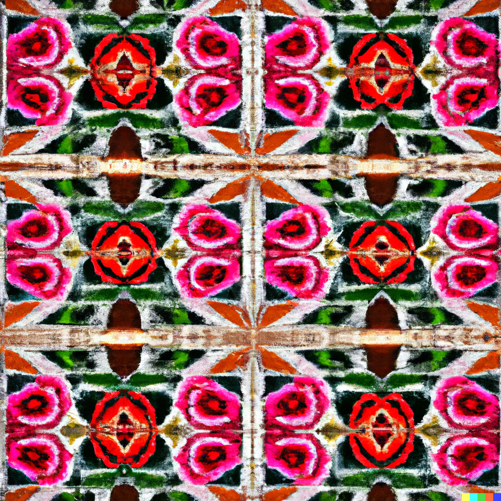 DALL·E 2023-03-09 12.42.29 - a colorful tapestry with a repeating flower pattern.png