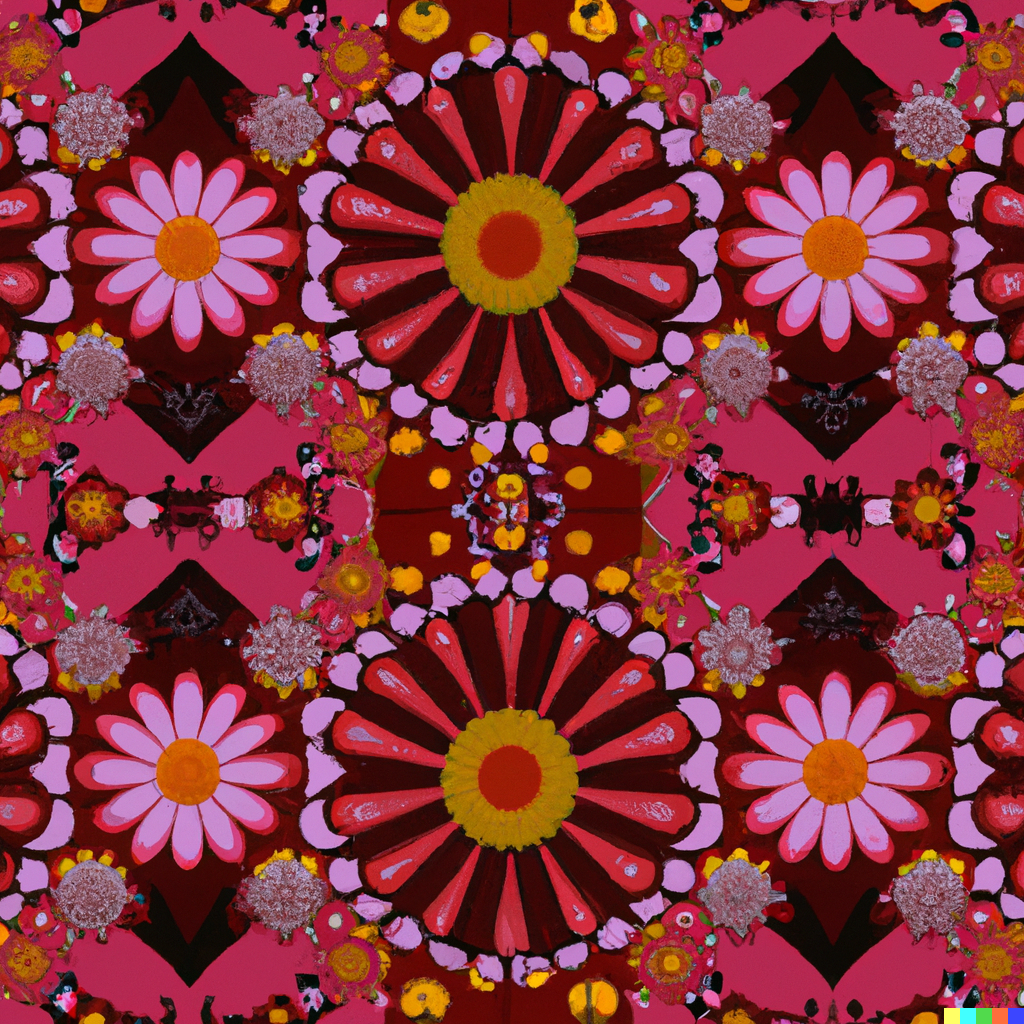 DALL·E 2023-03-09 12.42.22 - a colorful tapestry with a repeating flower pattern.png